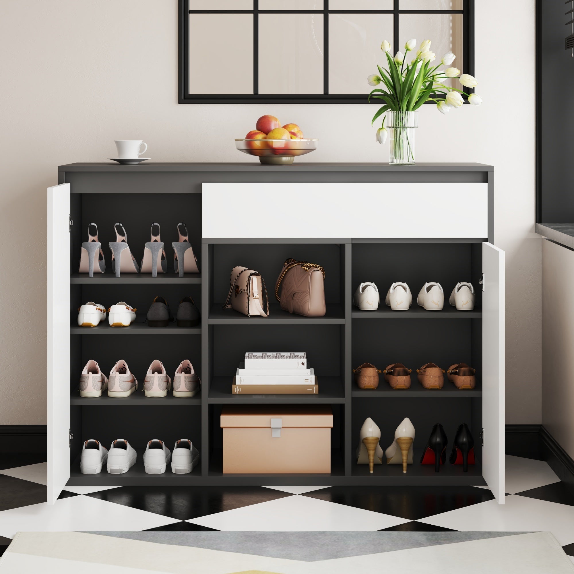 Logidon Shoe Cabinet Black White Two Doors Adjustable Shoe Rack
