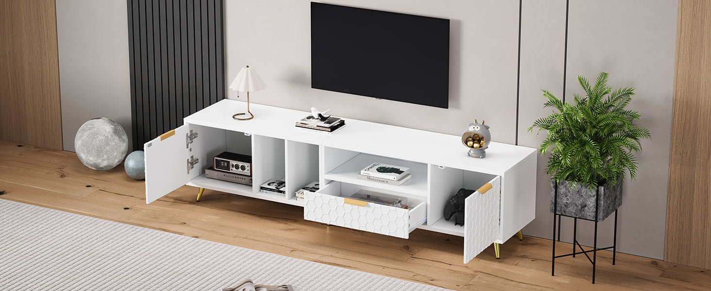 Logidon White TV Stand with Honeycomb Pattern and Storage Space for up to 80 Inches