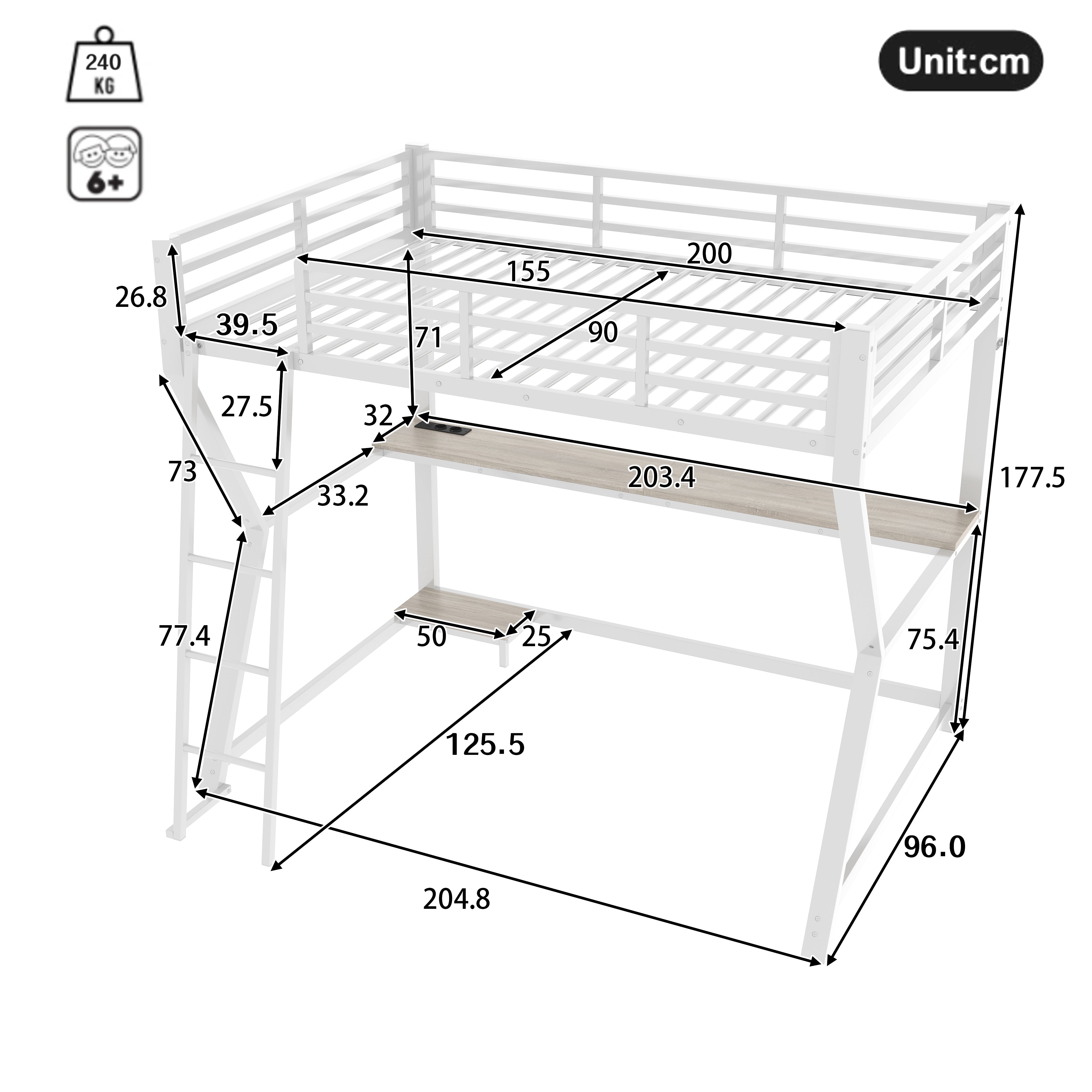 Logidon hoogslaper 90x200 met LED-verlichting en computerconsole wit