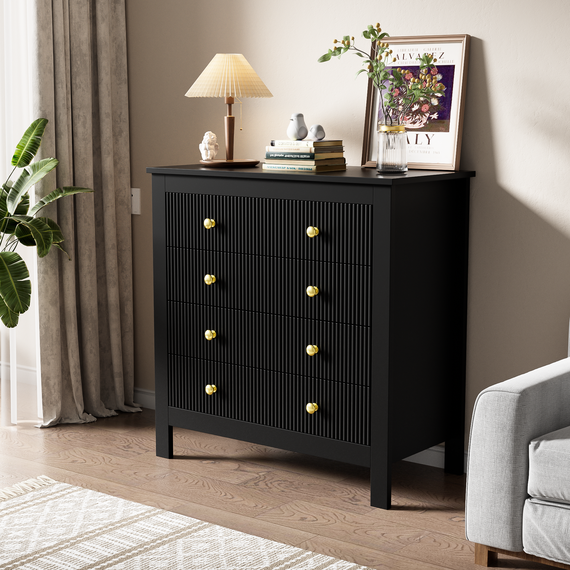 Logidon Dressoir 5 Laden Zwarte Ladekast Met Gouden Handgrepen 79 cm