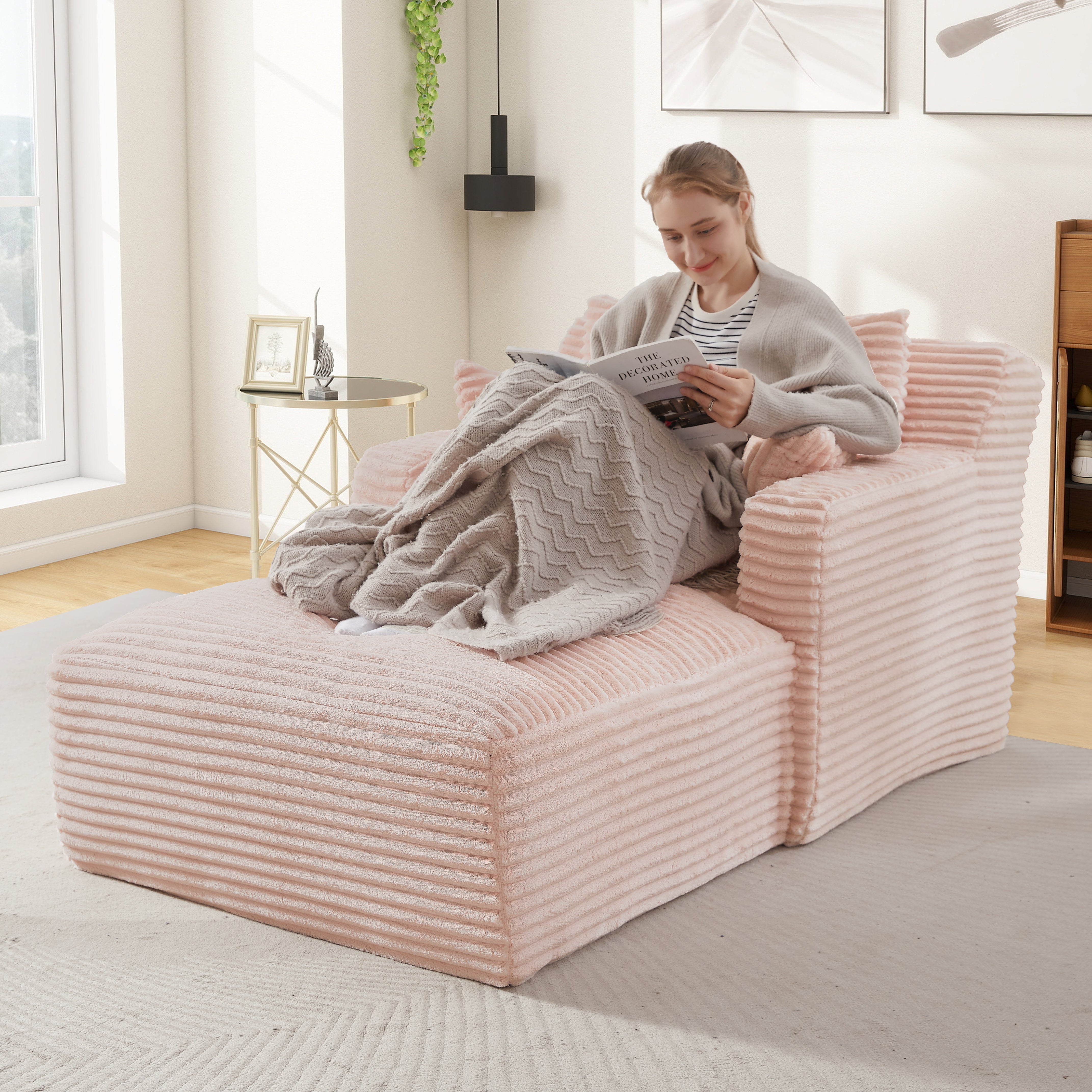 Logidon Chaise Longue Bench Roze Velvet Cord Sofa Bed No Assembly