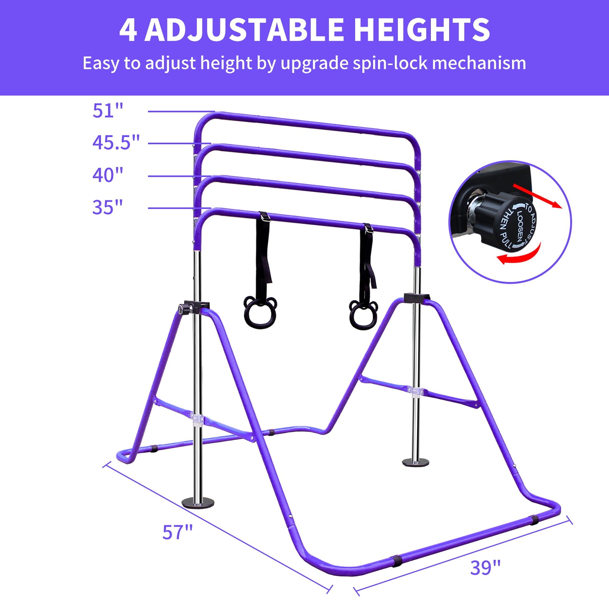 Logidon Height-adjustable gymnastics bar for children, purple base