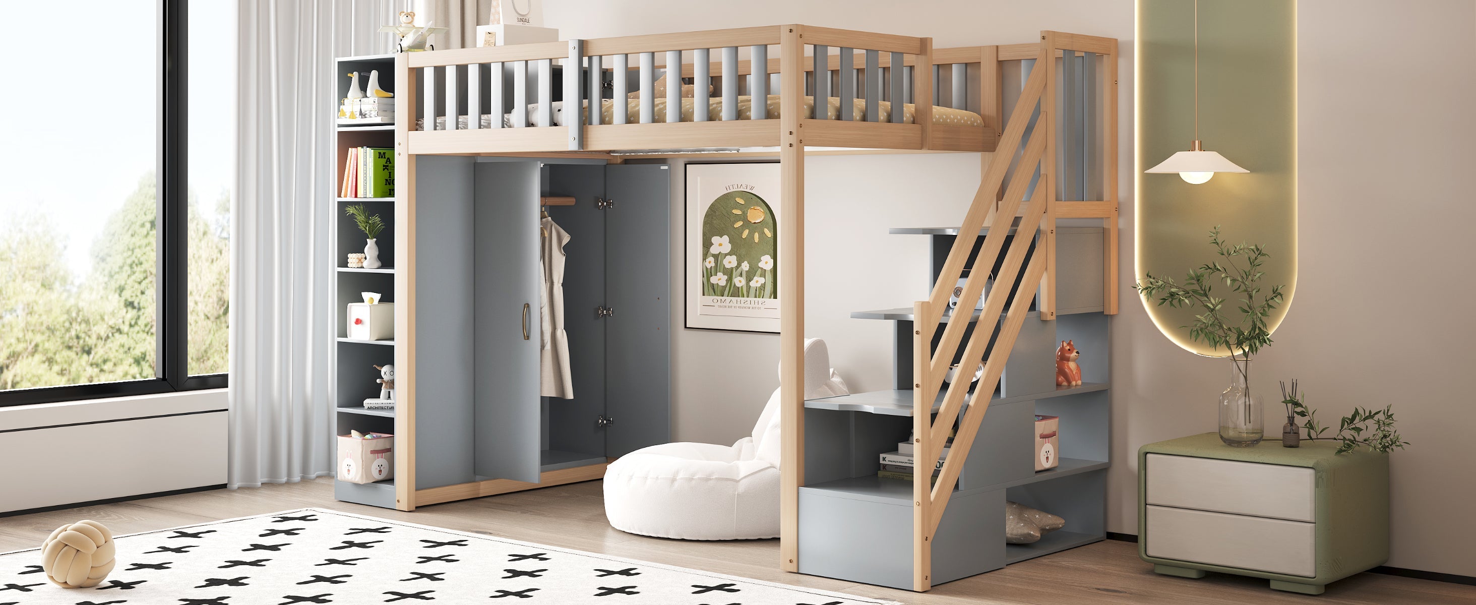 Logidon hoogslaper 90x200 multifunctioneel grijs natuurlijk hout met planken