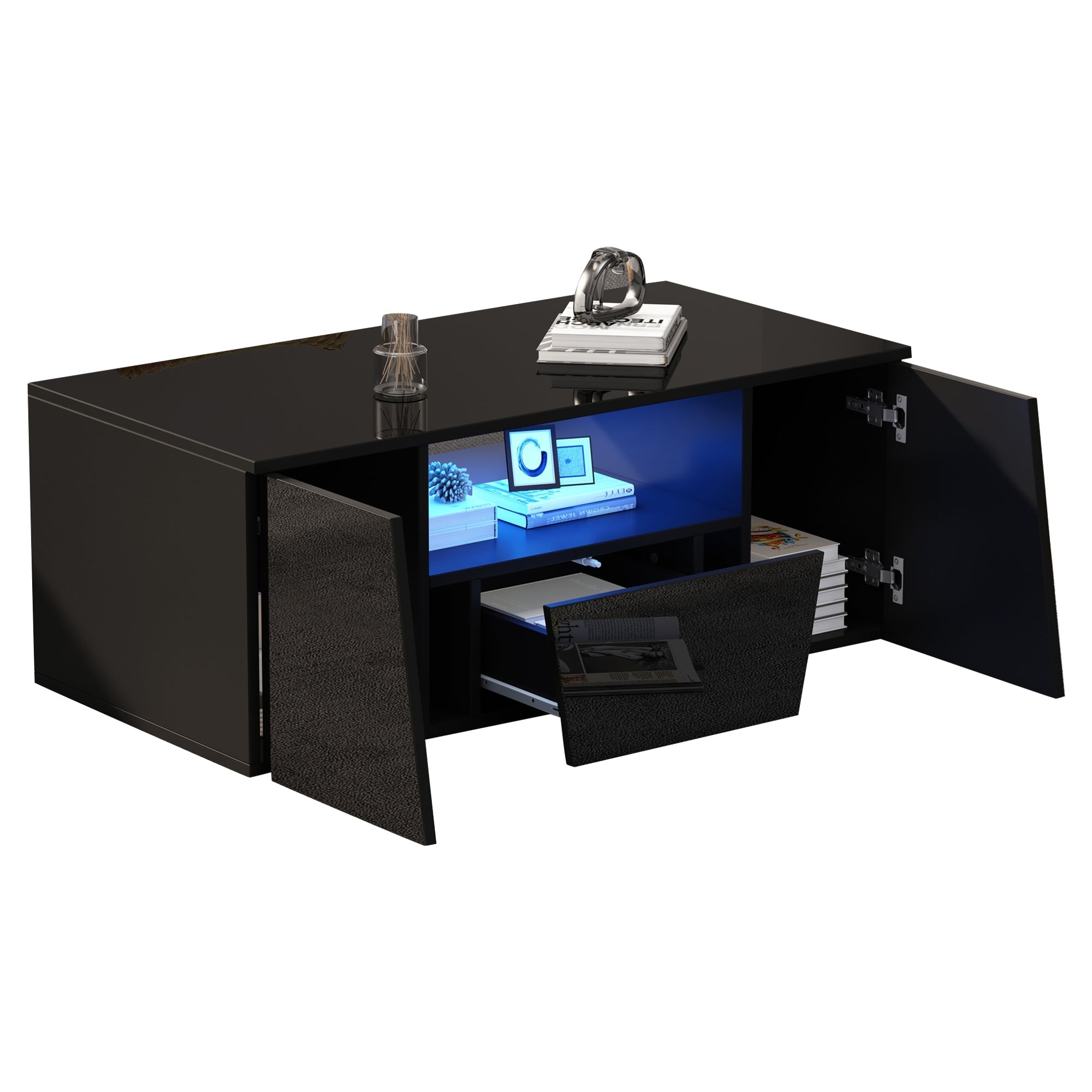 Logidon coffee table 100x50x40 cm black with LED 2 cabinets 1 drawer