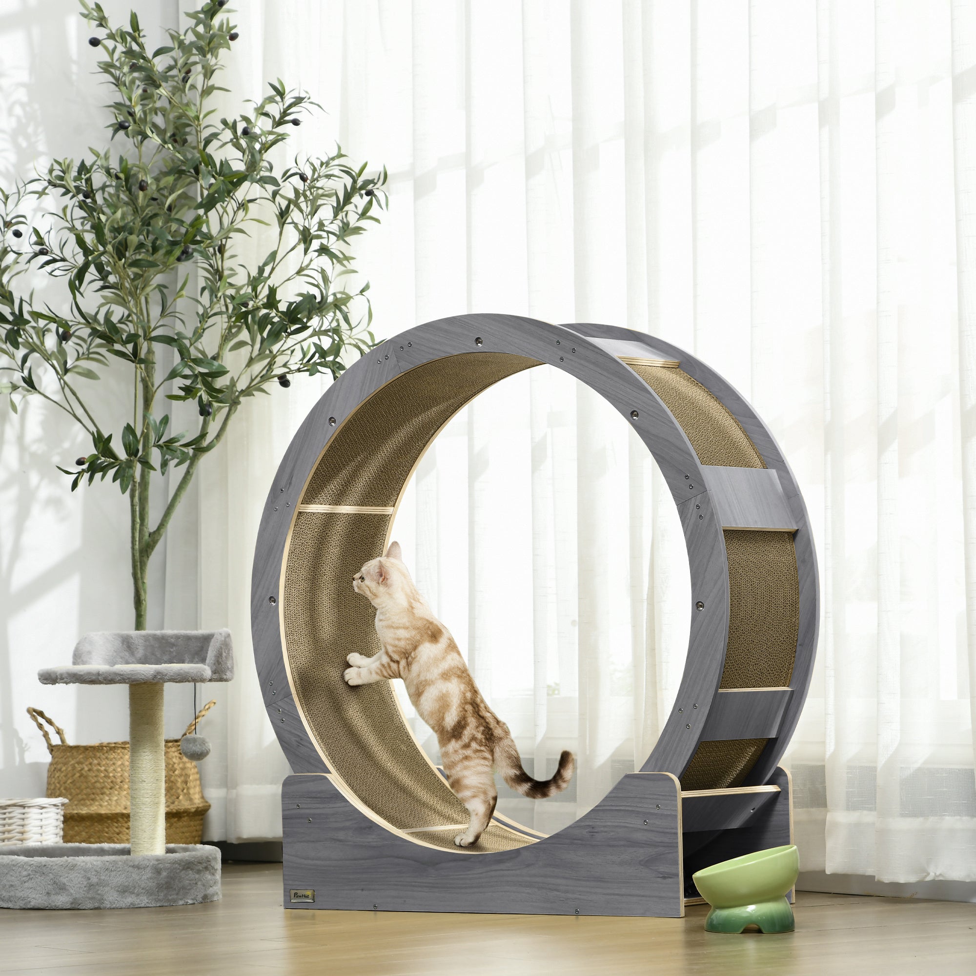 Logidon kattenwiel 91 cm grijs hout met remkrabplank