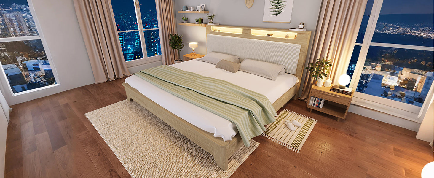 Logidon double bed 140x200 cm beige LED lighting headboard storage space