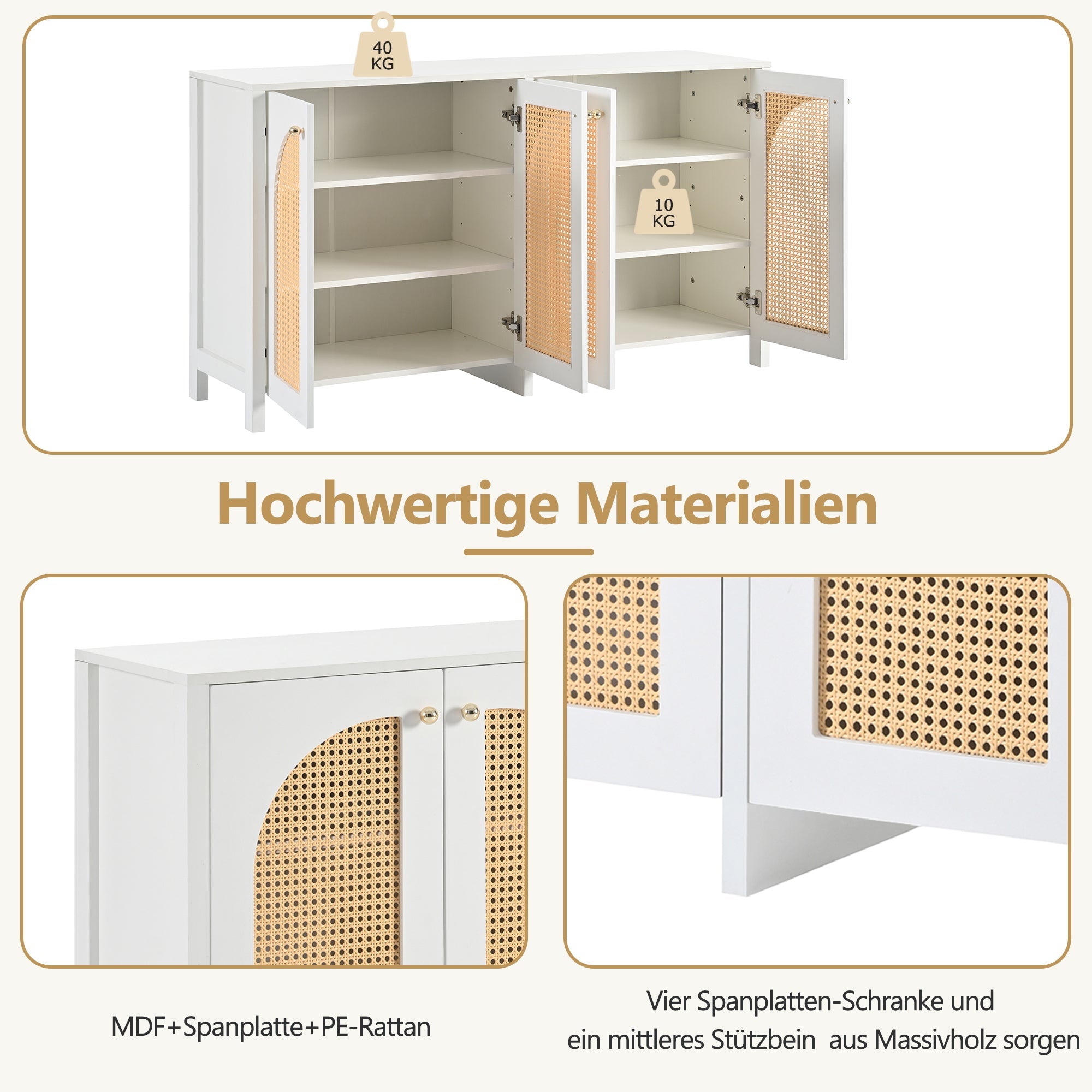 Logidon Modern dressoir 4 rotan deuren wit 145x40x80 cm