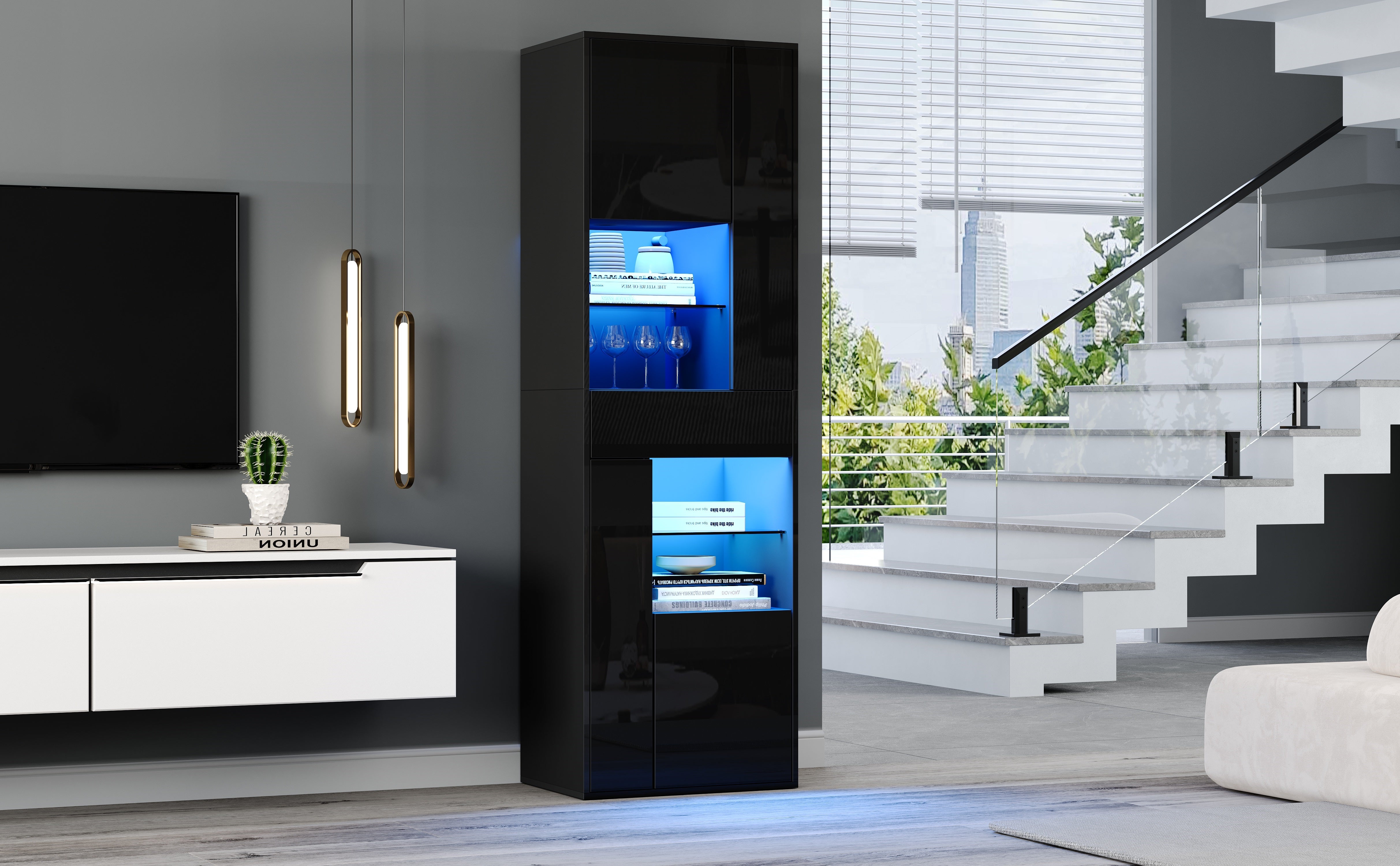 Logidon zwarte hoogglans glazen vitrine 55 x 38 x 170 cm LED-verlichting
