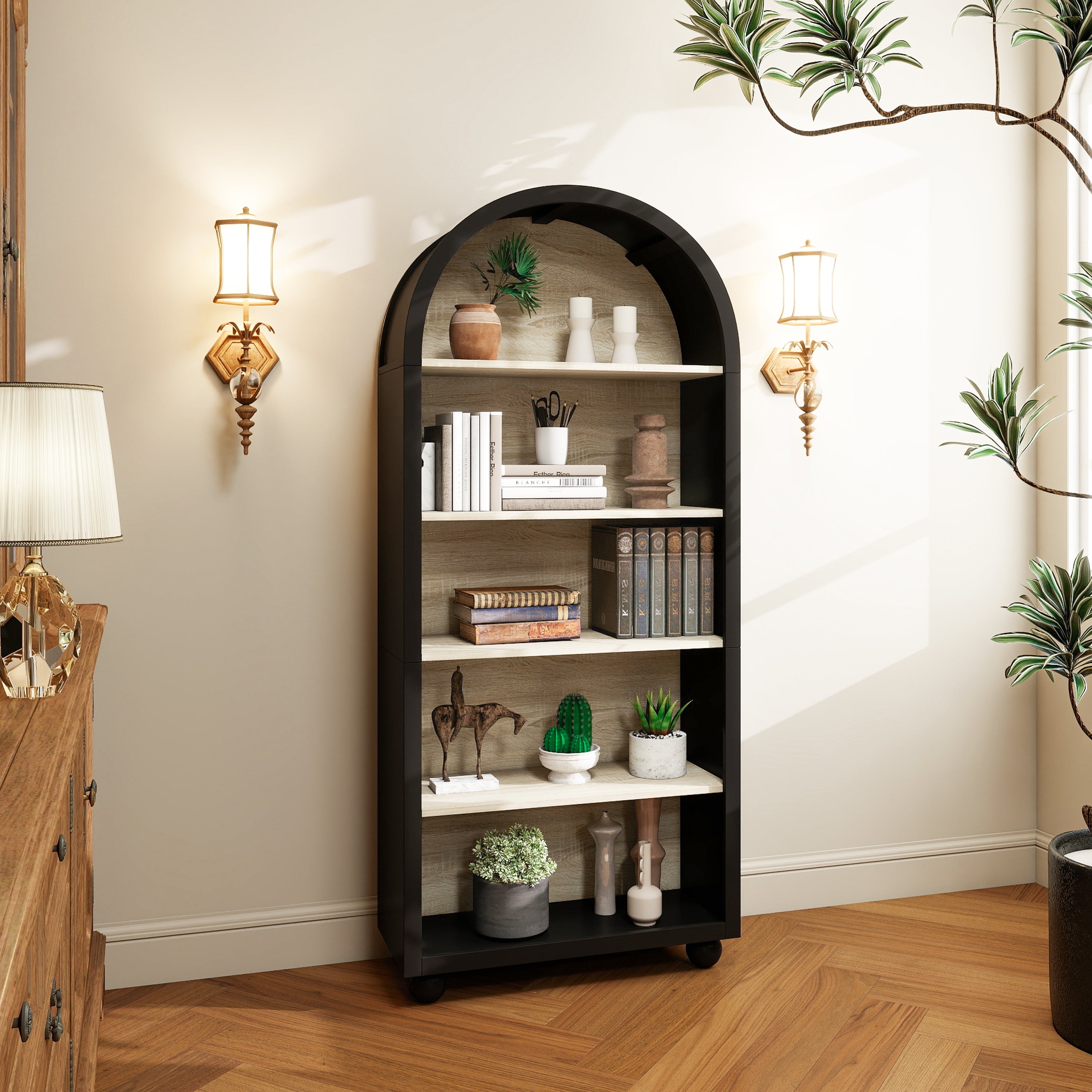 Logidon boekenkast metalen frame zwart naturel hout 70,5 x 30 x 161 cm
