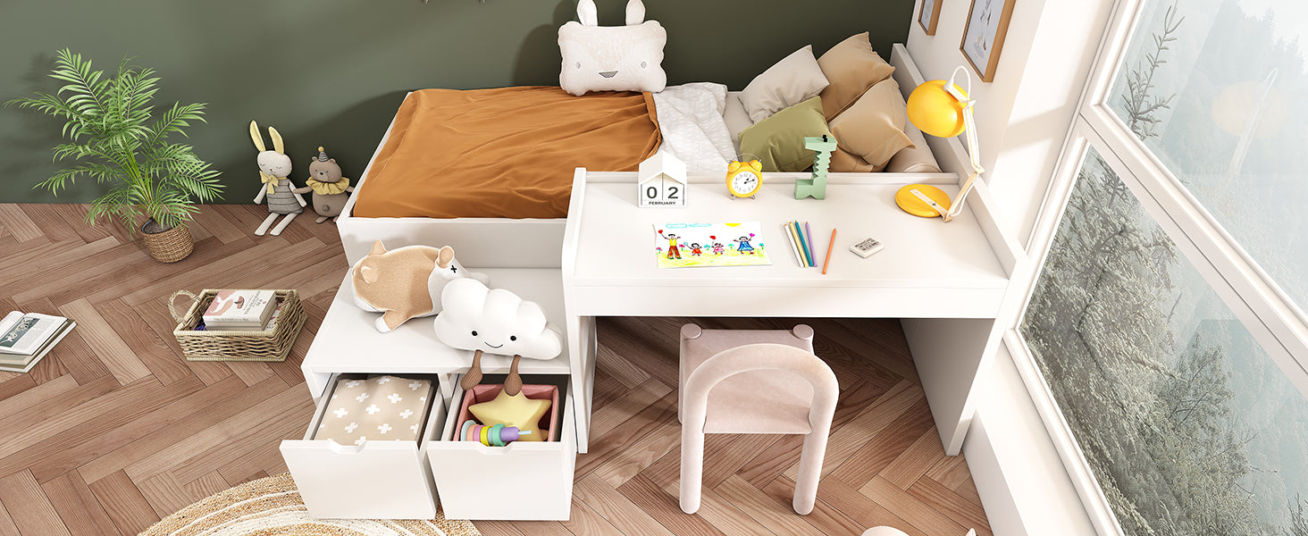 Logidon kinderbed 90x200 massief hout wit met bureau en opbergruimte