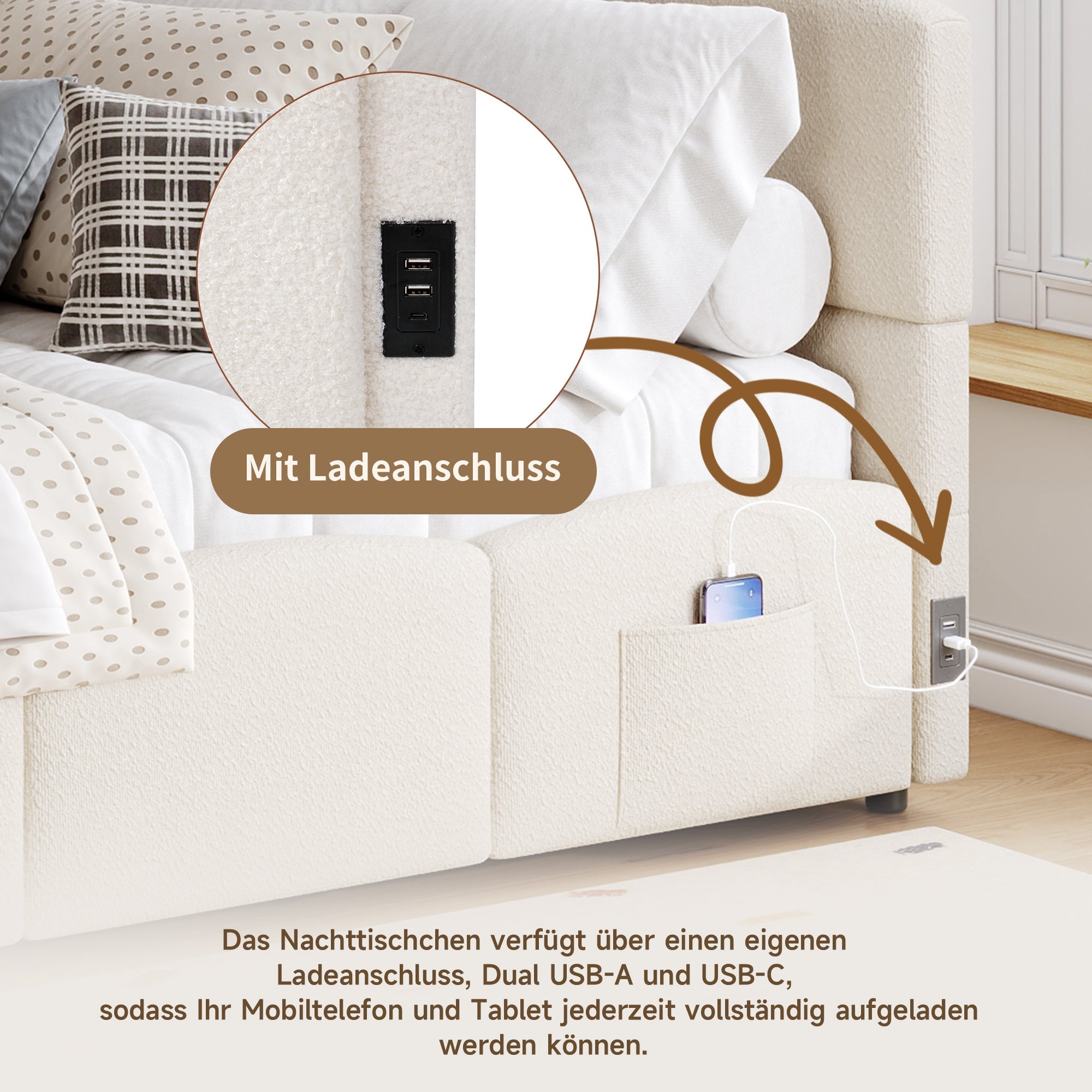 Logidon gestoffeerd bed 90x200 opbergbed slaapbank beige bouclé USB