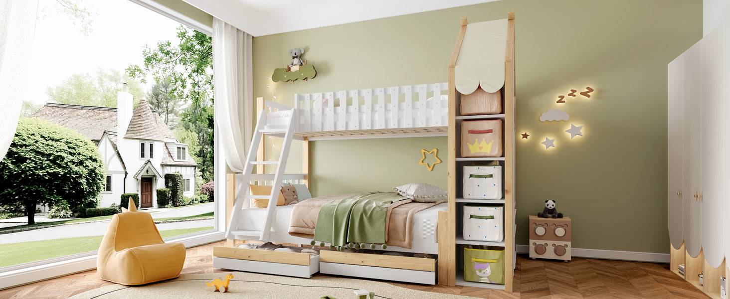 Logidon stapelbed 90x200 en 140x200 wit naturel met 2 lades