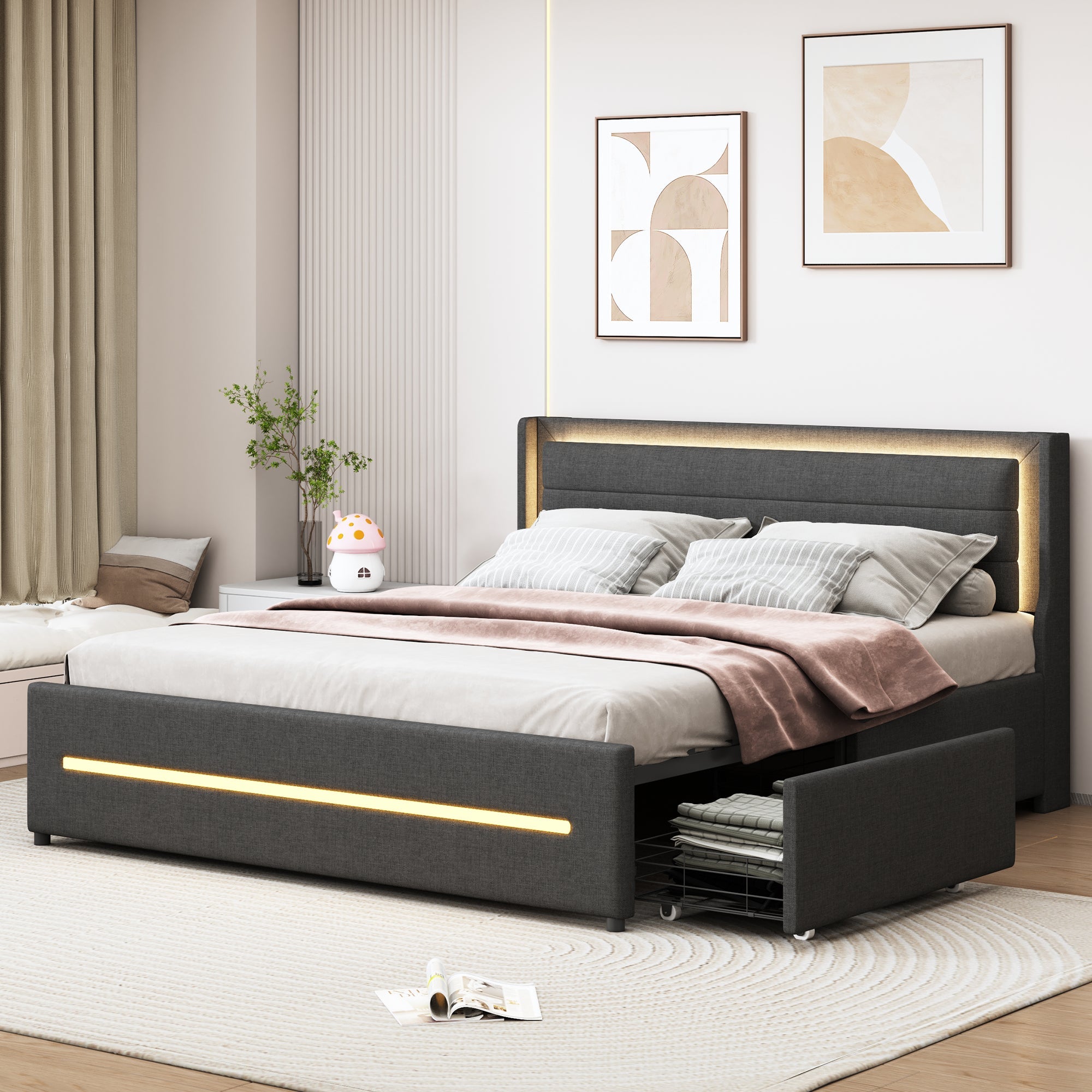 Logidon gestoffeerd bed 160x200 grijze kleur veranderende LED vier opbergvakken