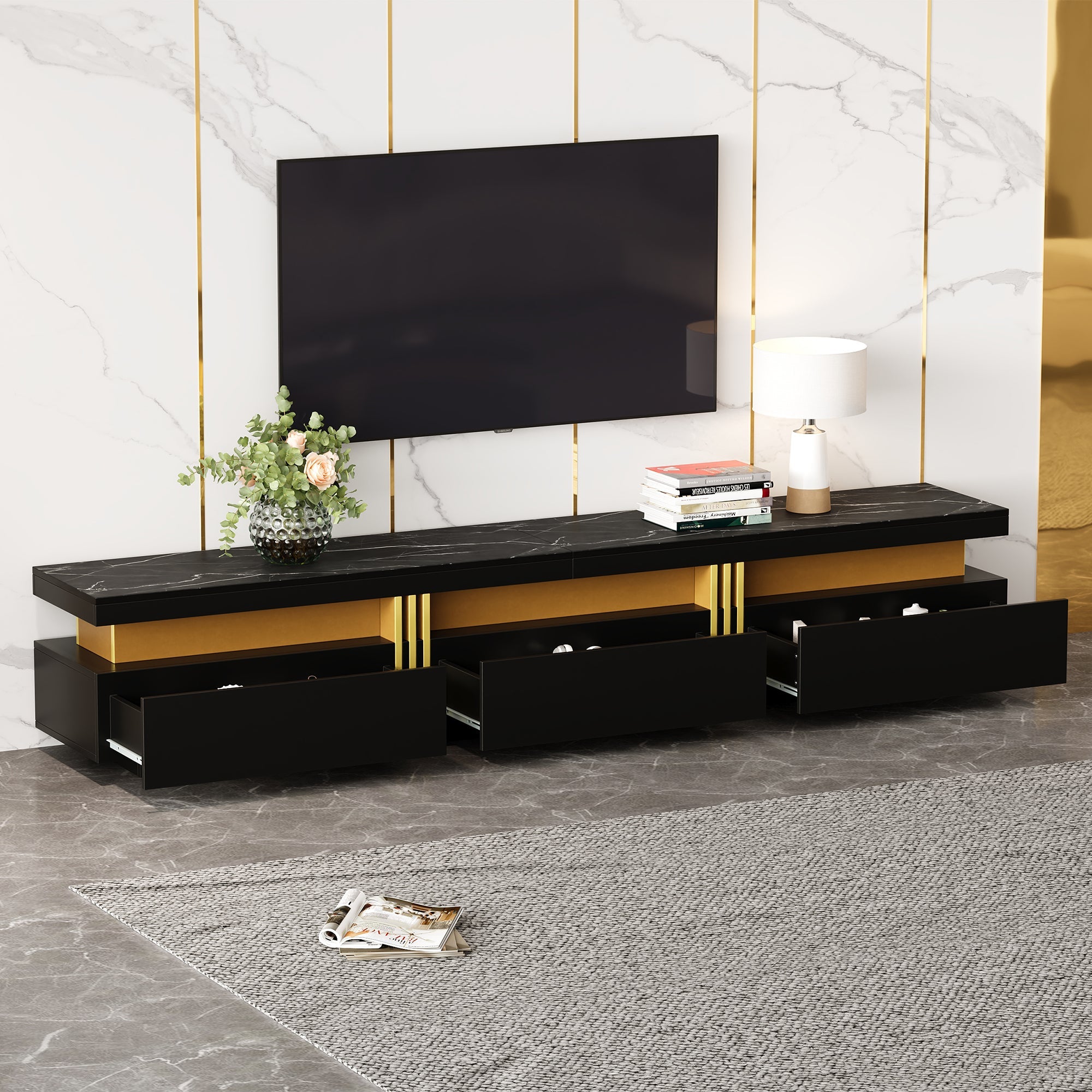 Logidon Zwarte tv-wandmeubelset 2 tv-kast salontafel marmerlook