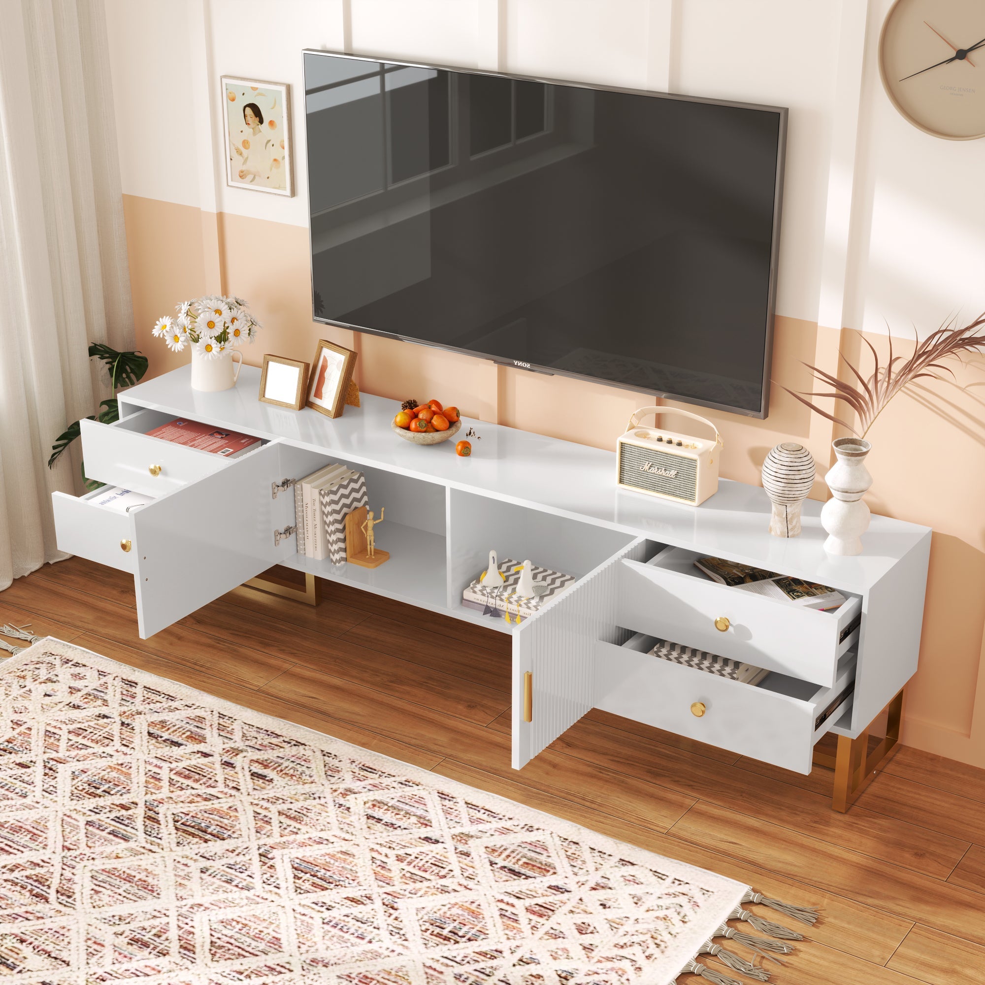 Logidon TV cabinet white with gold handles and feet 175 cm