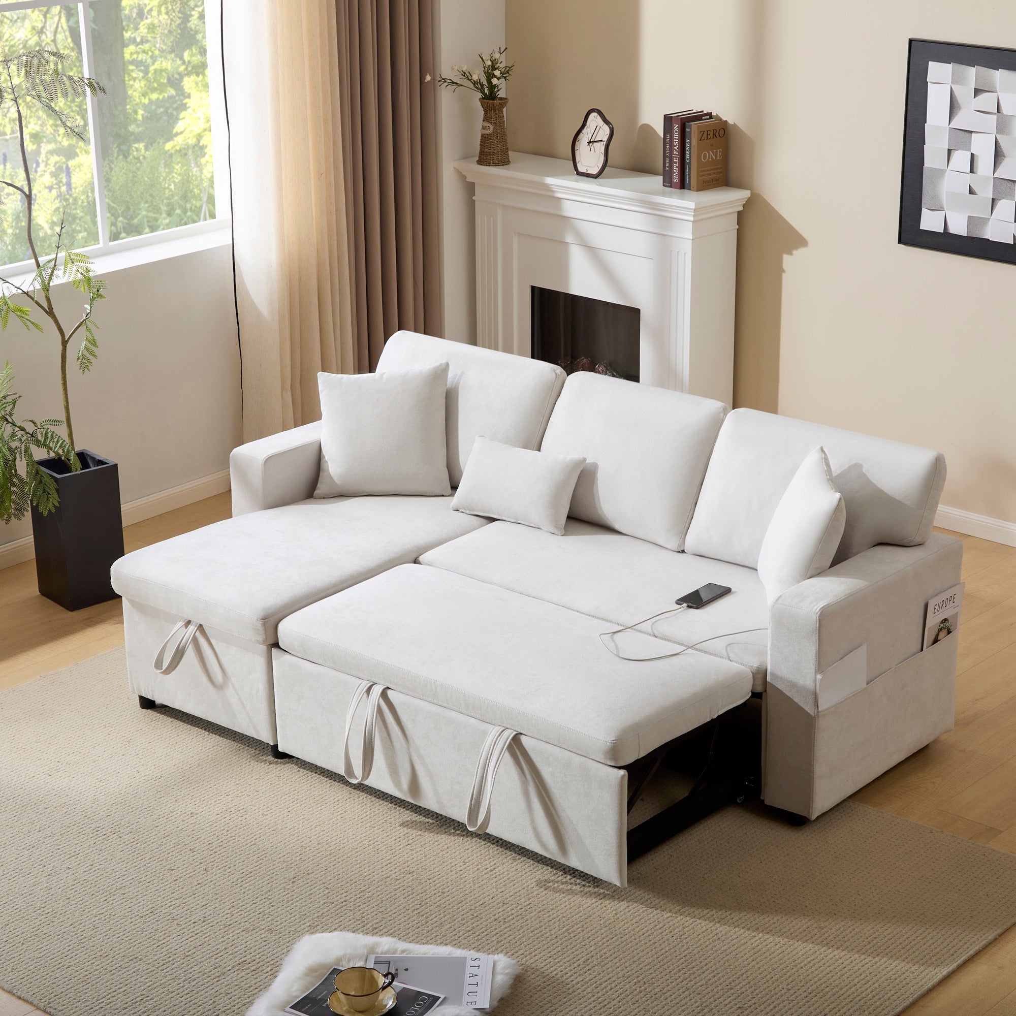 Logidon corner sofa bed L-shape extendable beige with bed box shelf