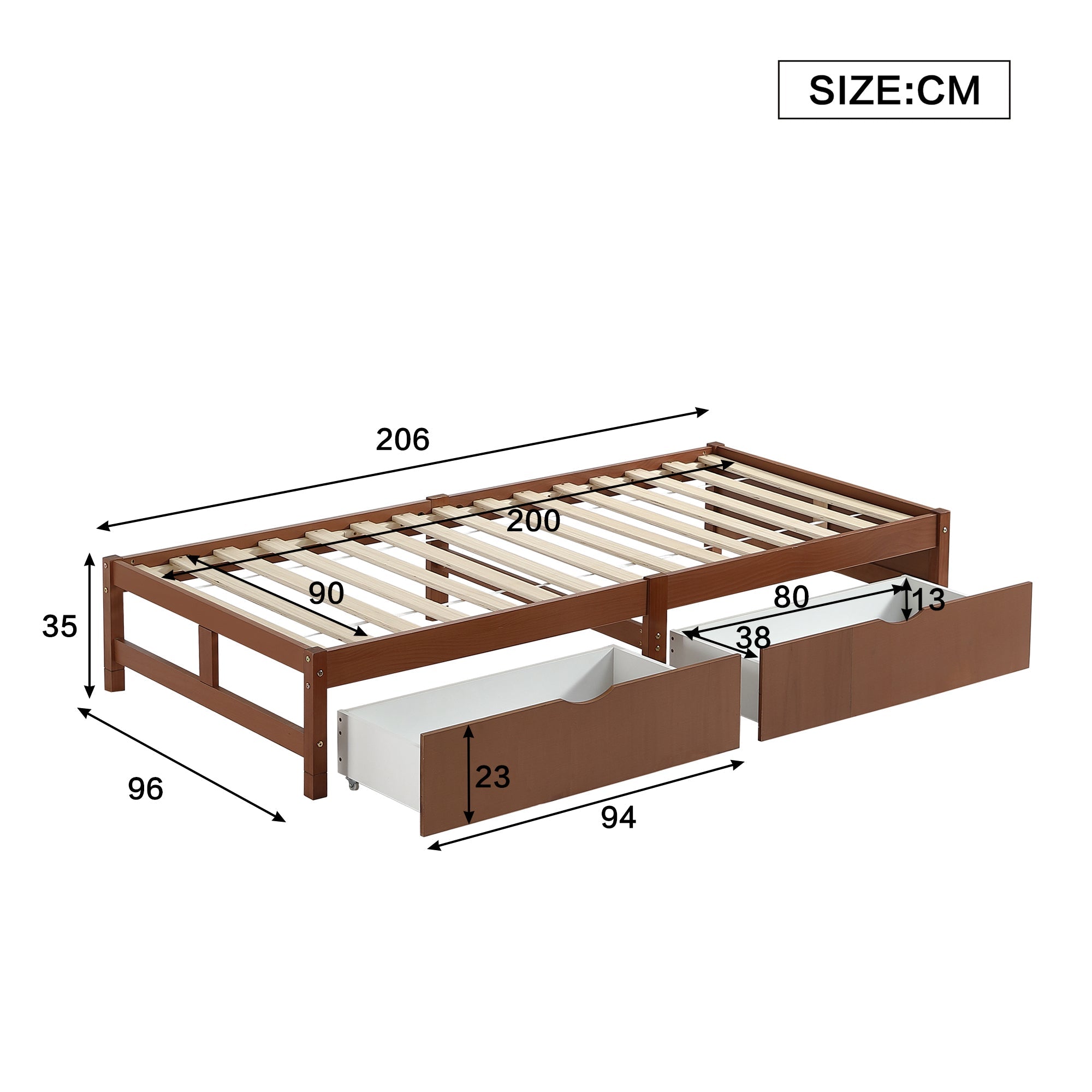 Logidon kinderbed 90x200 roodbruin houten bed met 2 lades en wielen