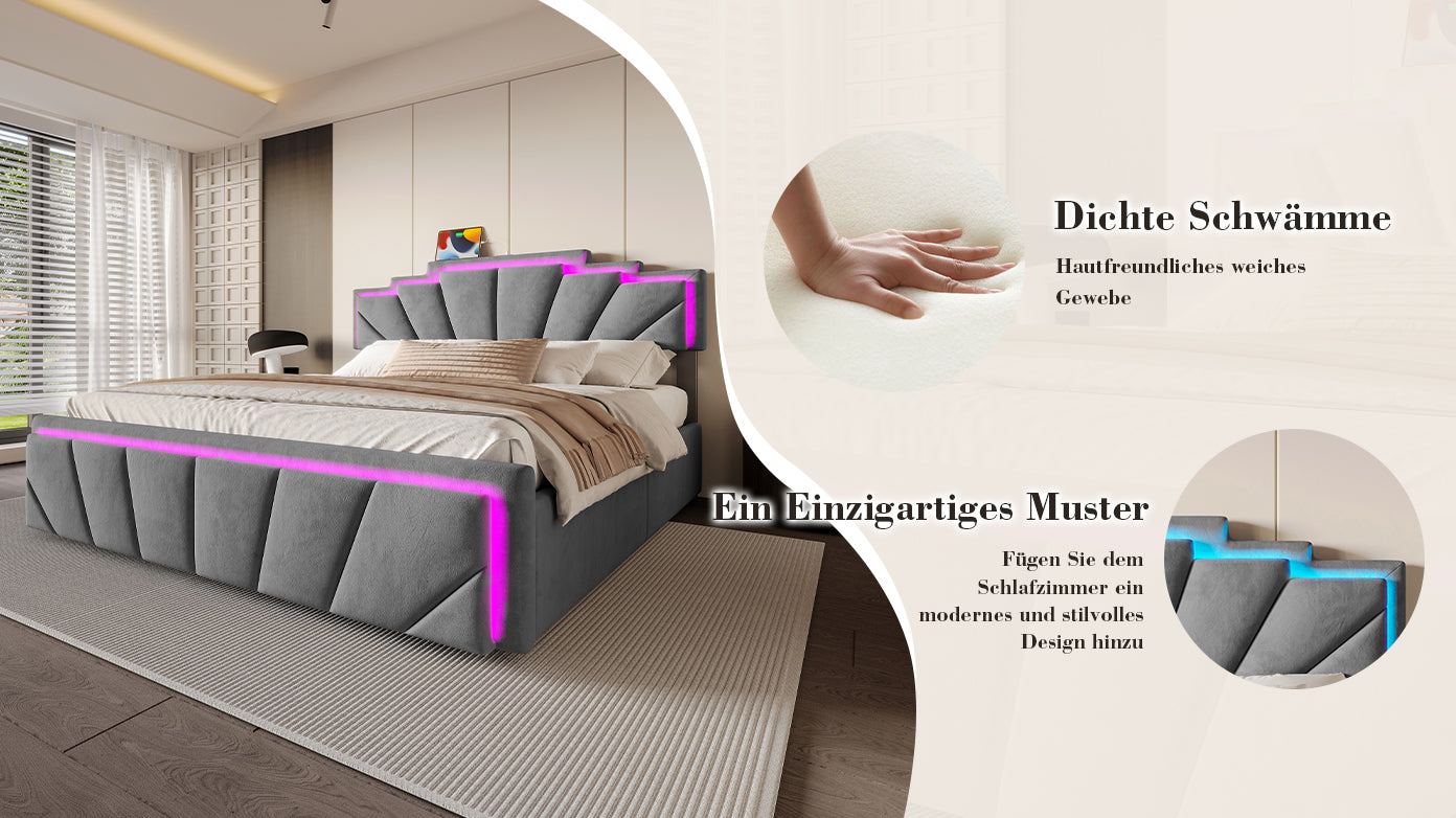Logidon gestoffeerd bed 160x200 cm donkergrijs fluweel LED-hoofdbord