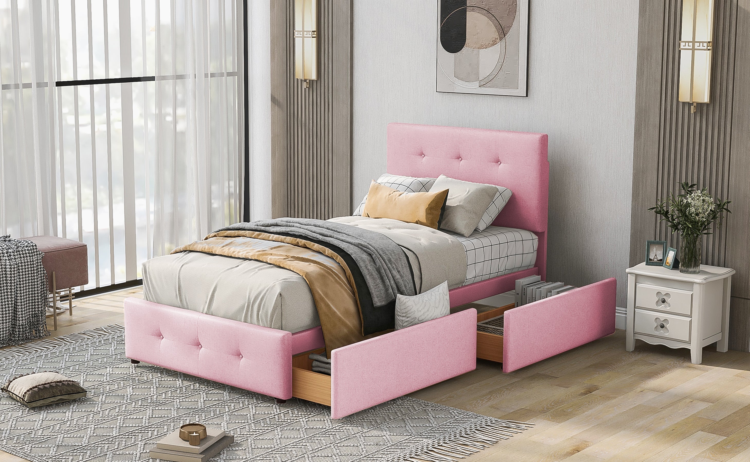 Logidon gestoffeerd bed 90x200 roze fluweel met lattenbodem twee lades