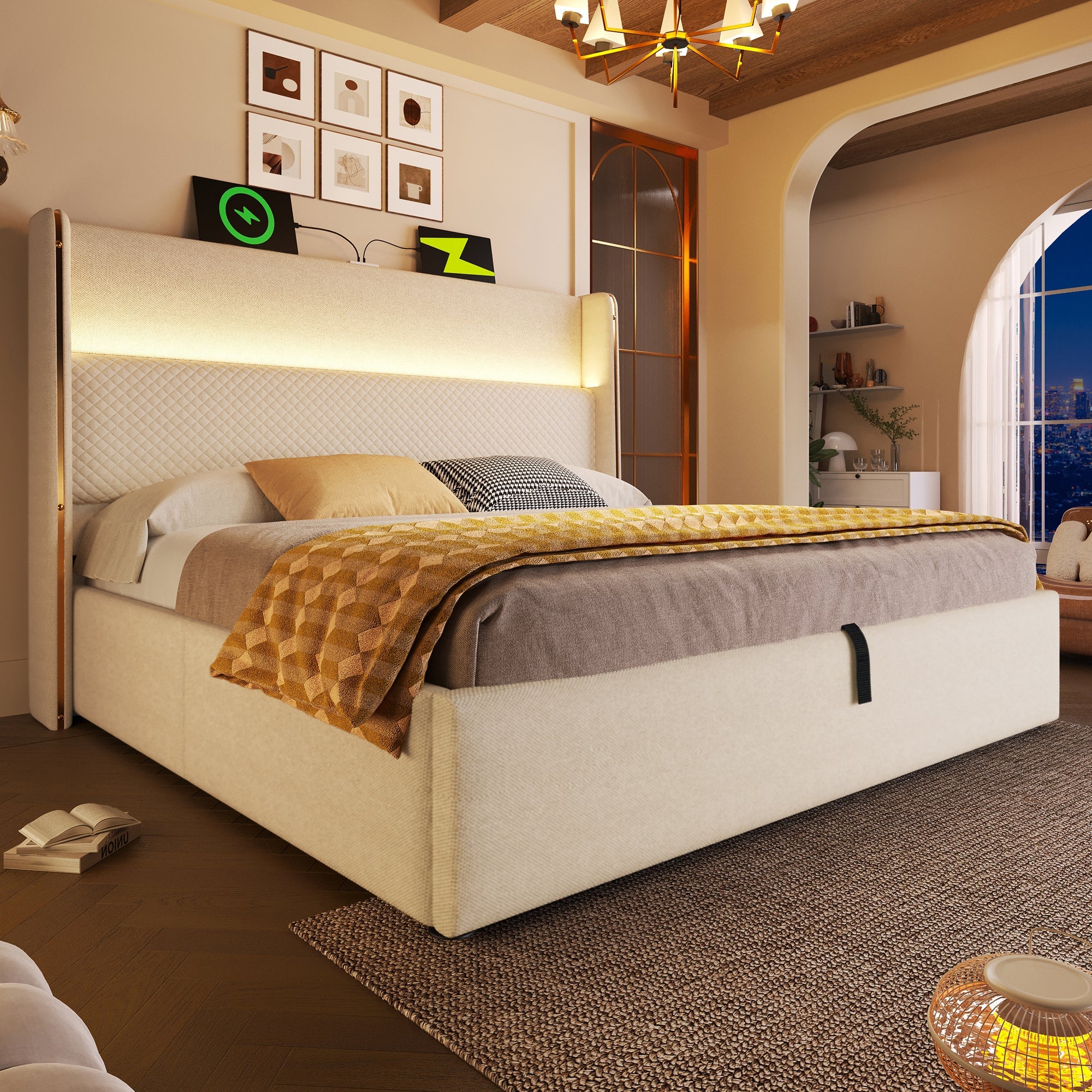Logidon hydraulisch bed 140x200 beige linnenlook met LED