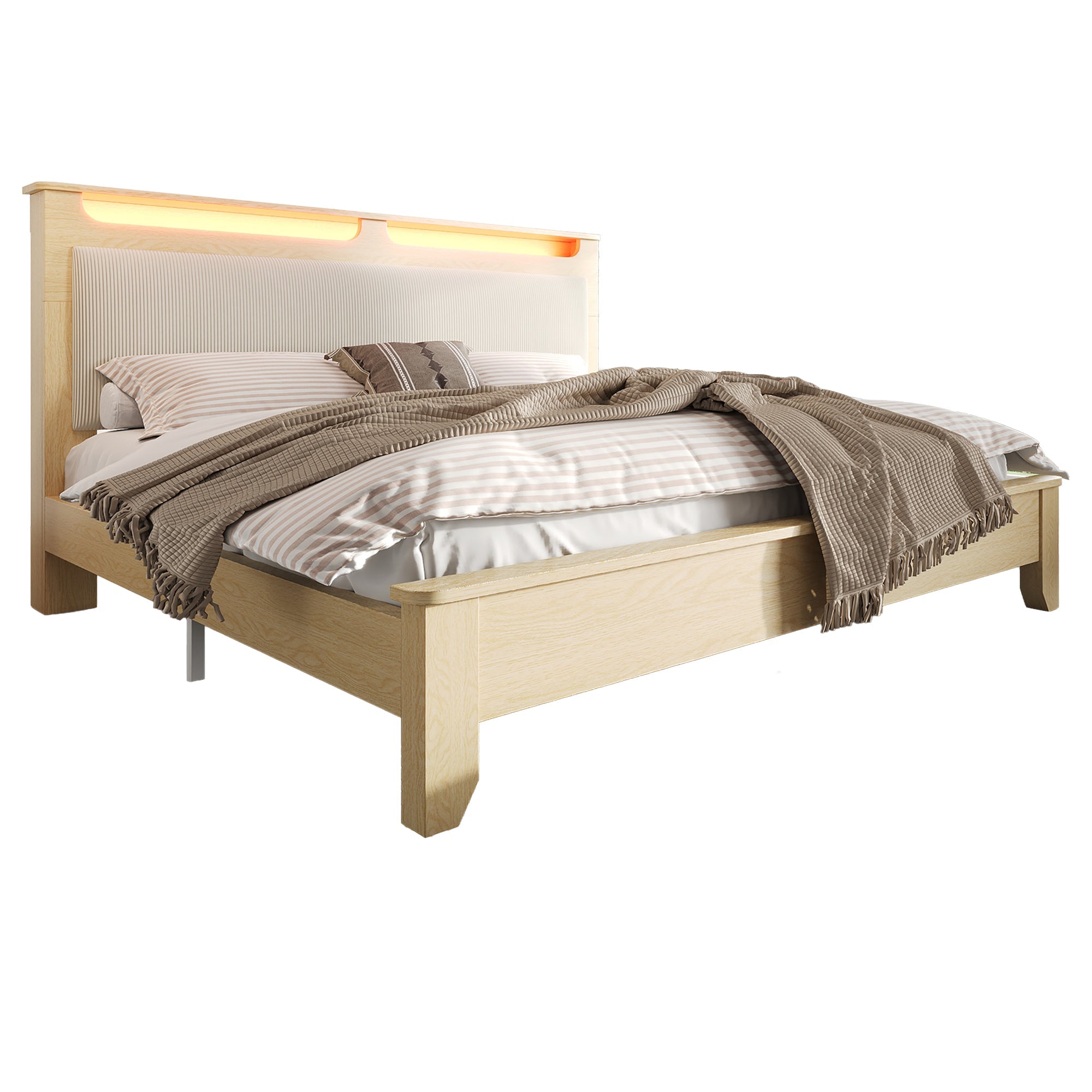 Logidon double bed 140x200 cm beige LED lighting headboard storage space