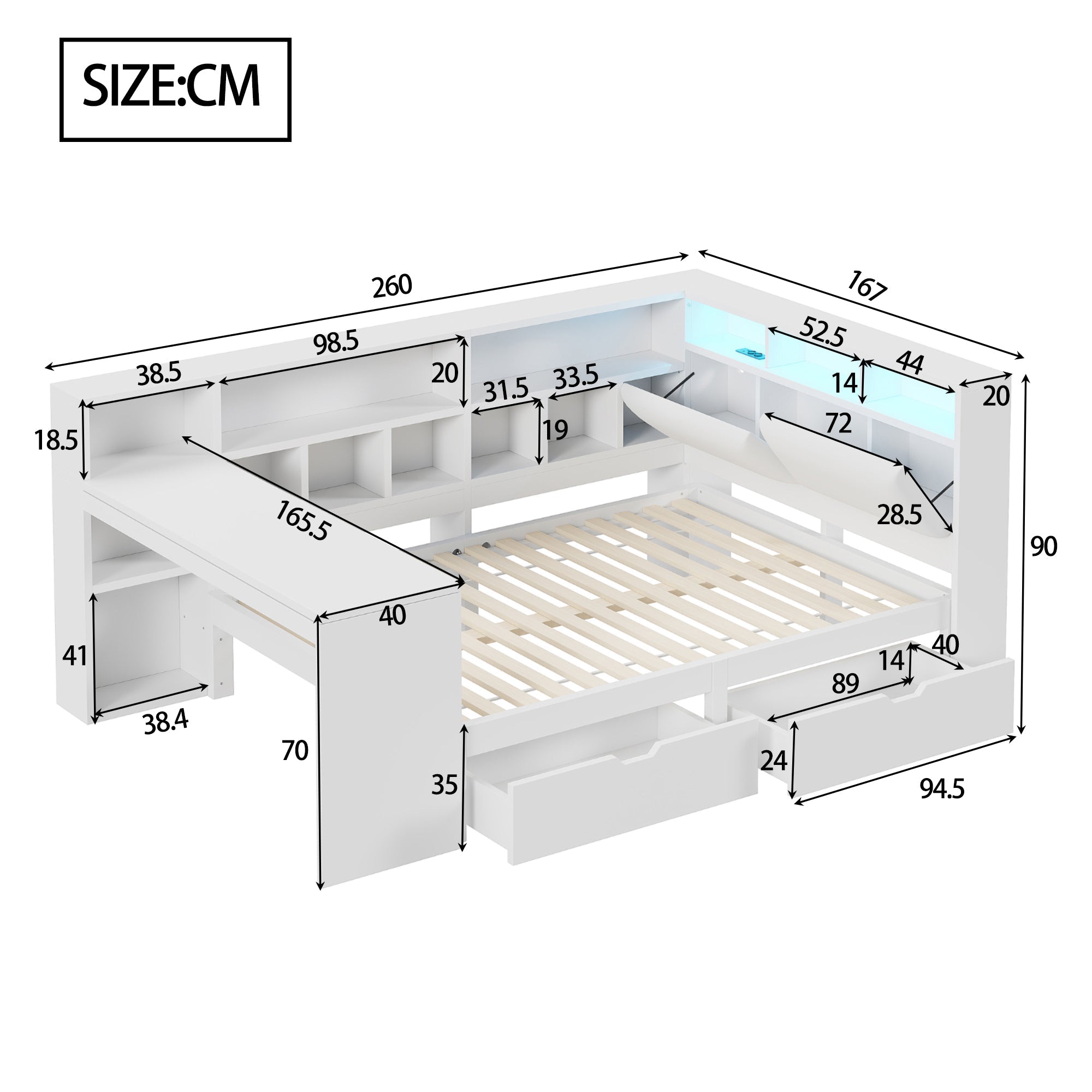 Logidon Hoekbed 140x200 L-vorm met Bureau Boekenplank Wit