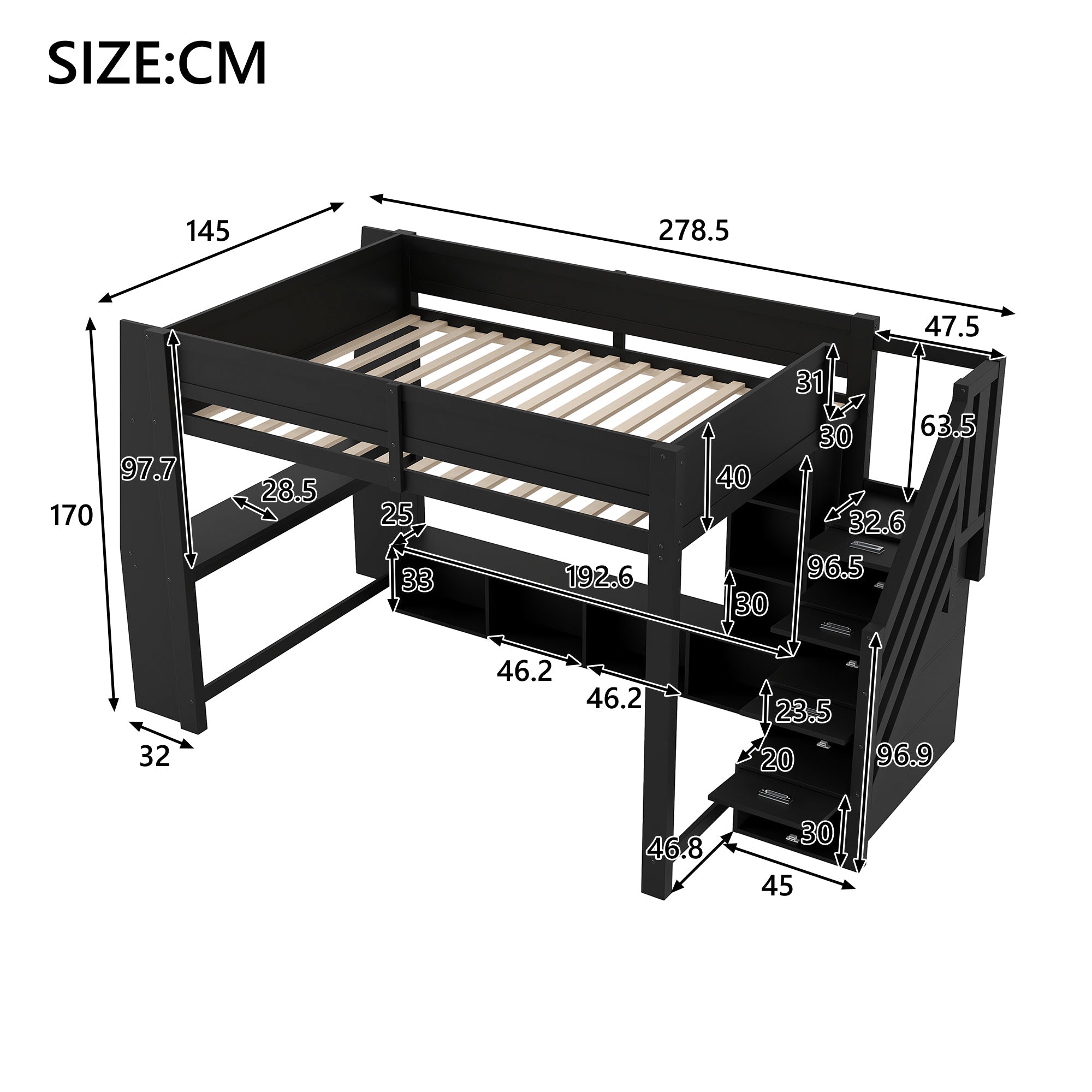 Logidon 140x200 hoogslaper met bureautrap LED zwart