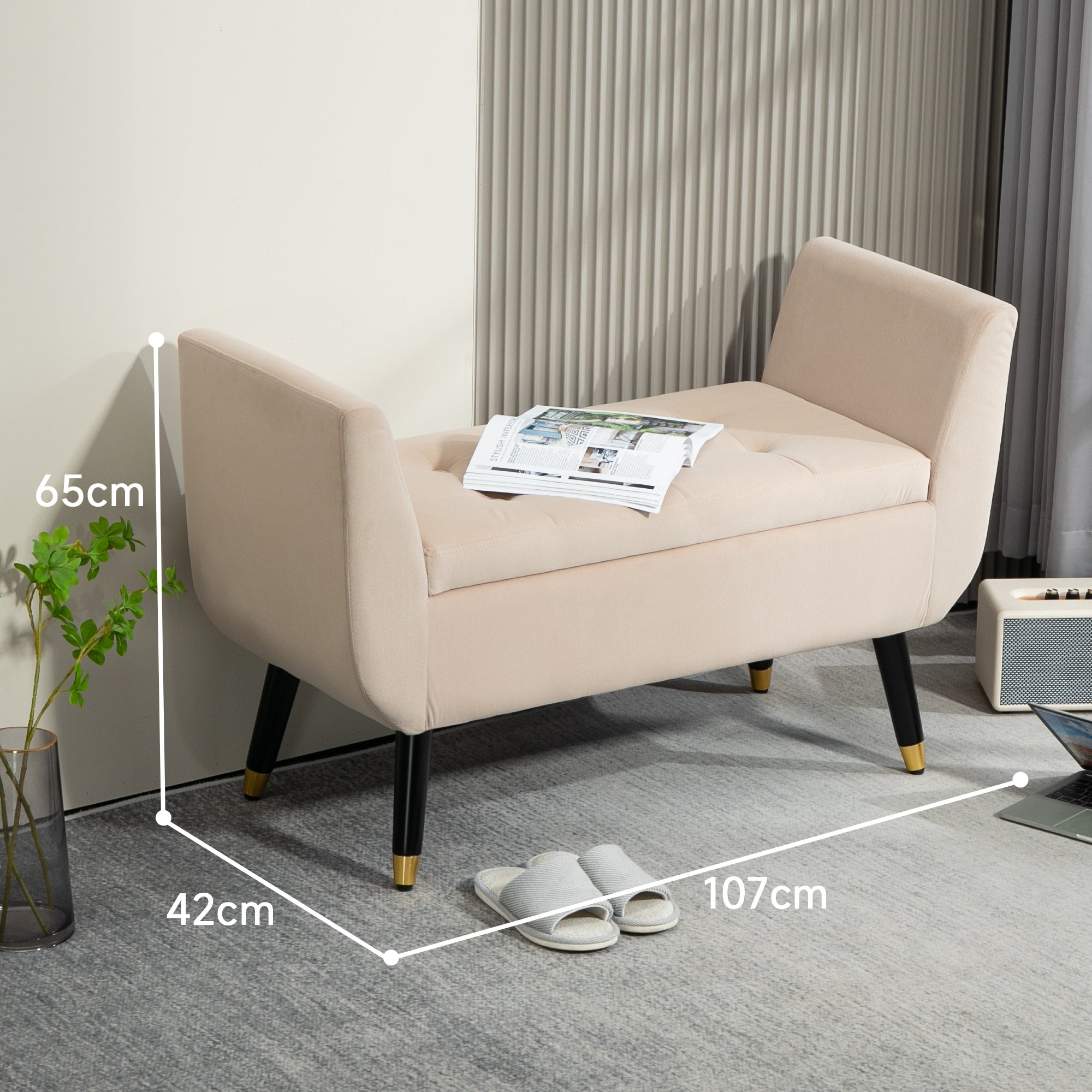 Logidon luxe bank met opbergruimte beige fluwelen stof 107x42x65