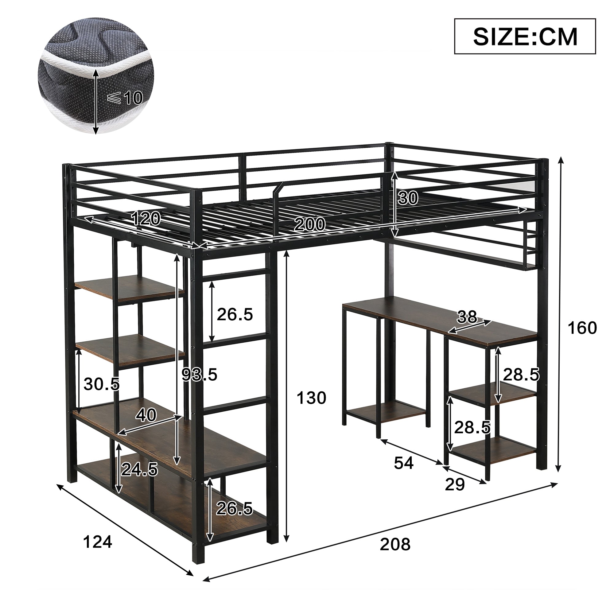 Logidon hoogslaper 120x200 cm metaal zwart met bureau en plank