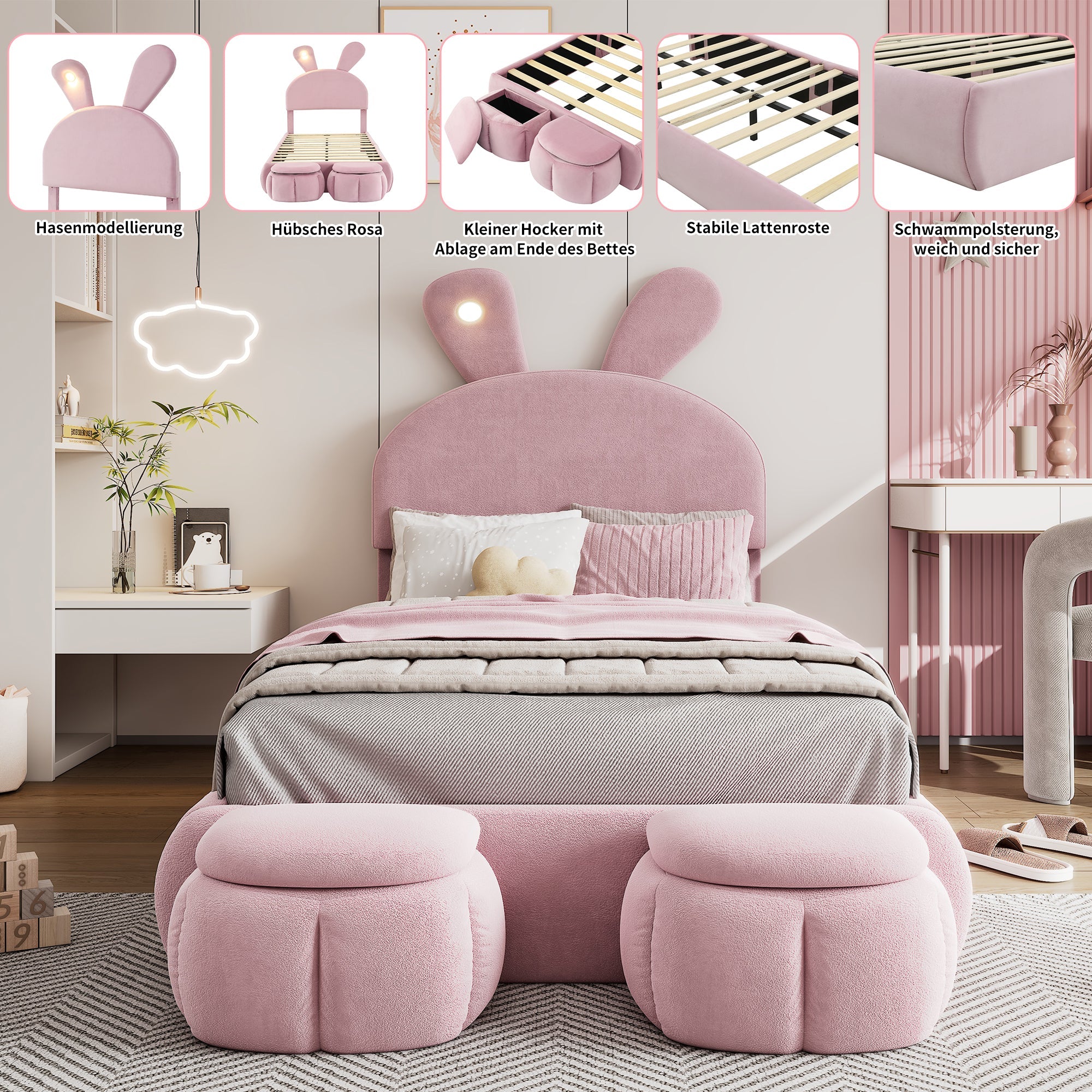 Logidon Upholstered Bed Rabbit Ears Pink 90x200 cm With Adjustable Brightness