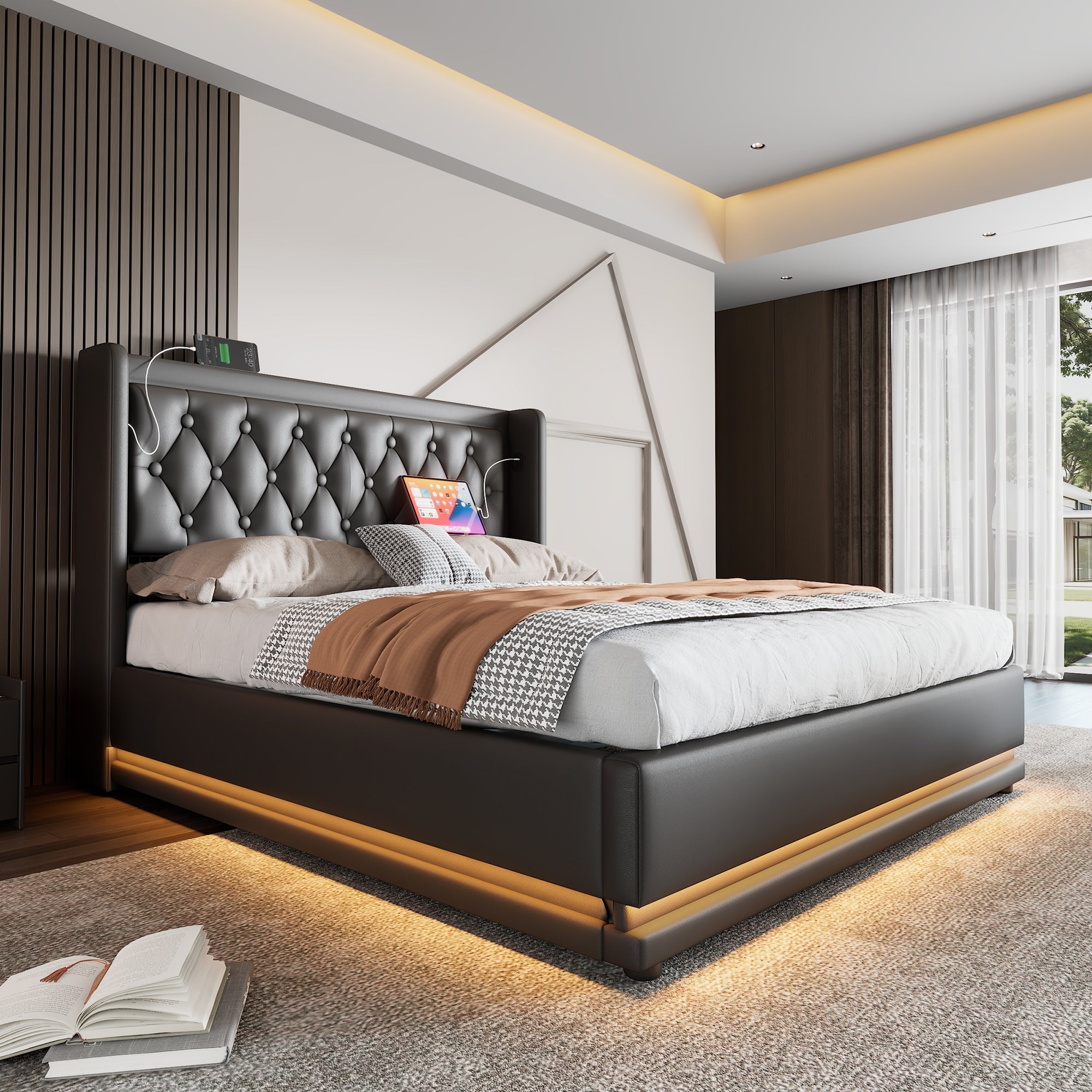 Logidon upholstered bed 140x200 black PU hydraulic storage space USB Type C charging function