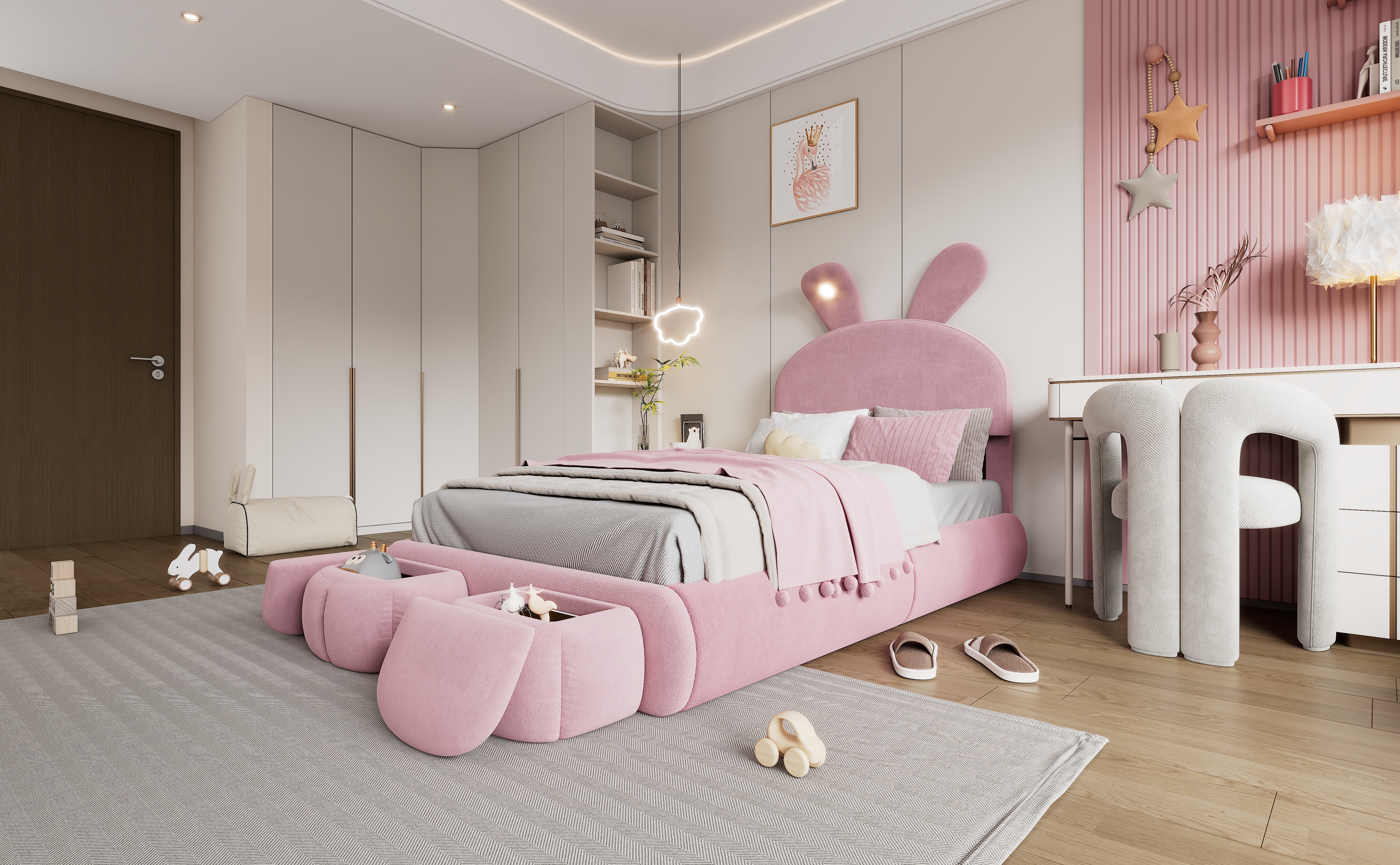 Logidon Upholstered Bed Rabbit Ears Pink 90x200 cm With Adjustable Brightness