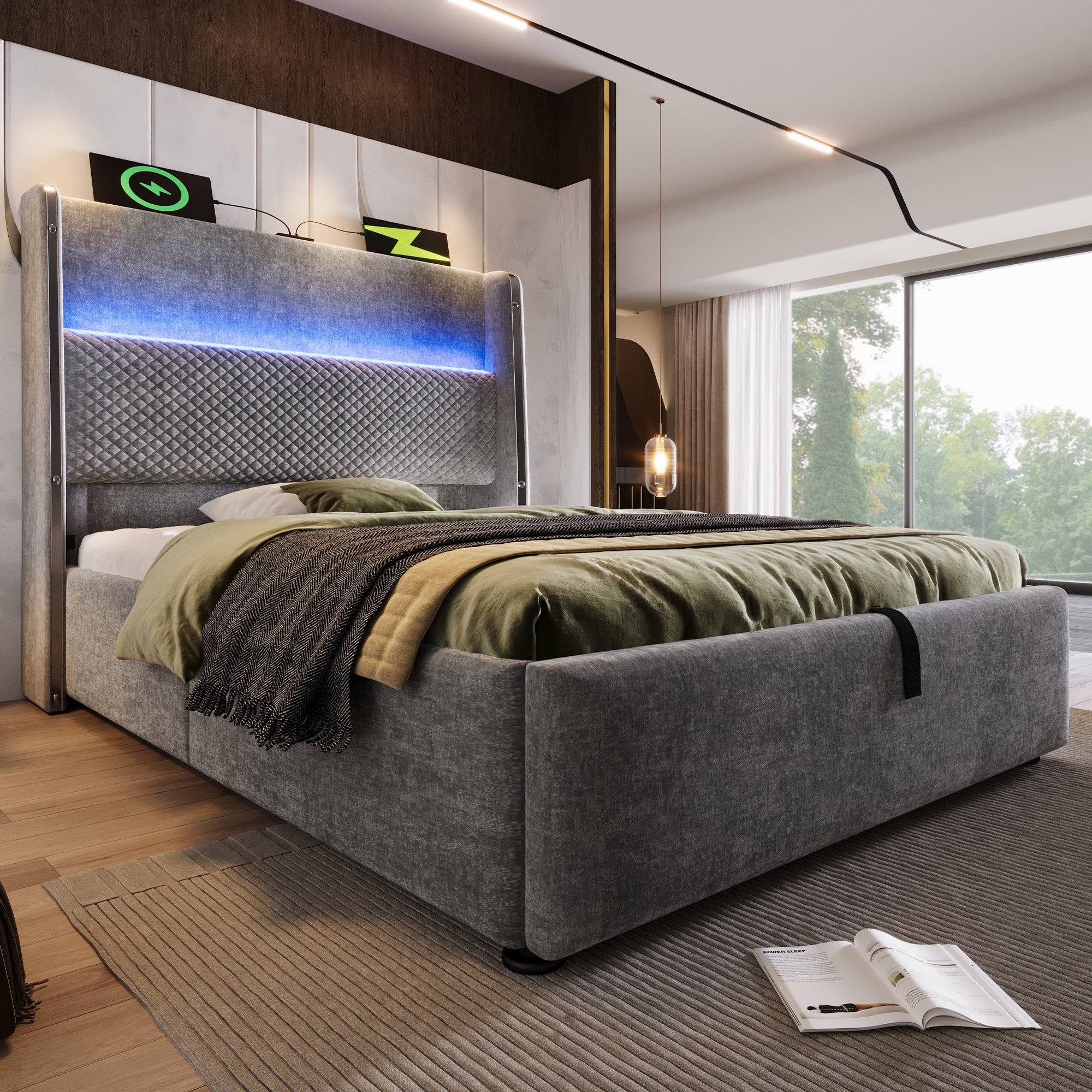 Logidon hydraulisch bed 90x200 grijs linnenlook met opbergruimte LED