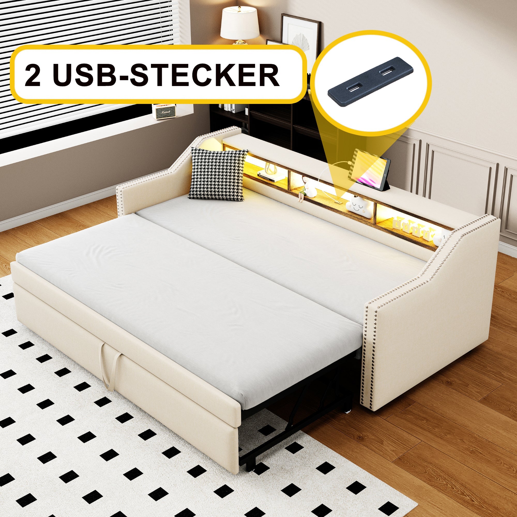 Logidon Upholstered Bed Extendable Sofa Bed 90/180 X 190 Beige Storage Compartment