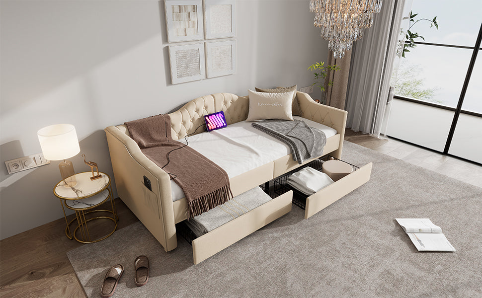 Logidon gestoffeerde slaapbank 90x200 beige USB-oplaadfunctie 2 compartimenten