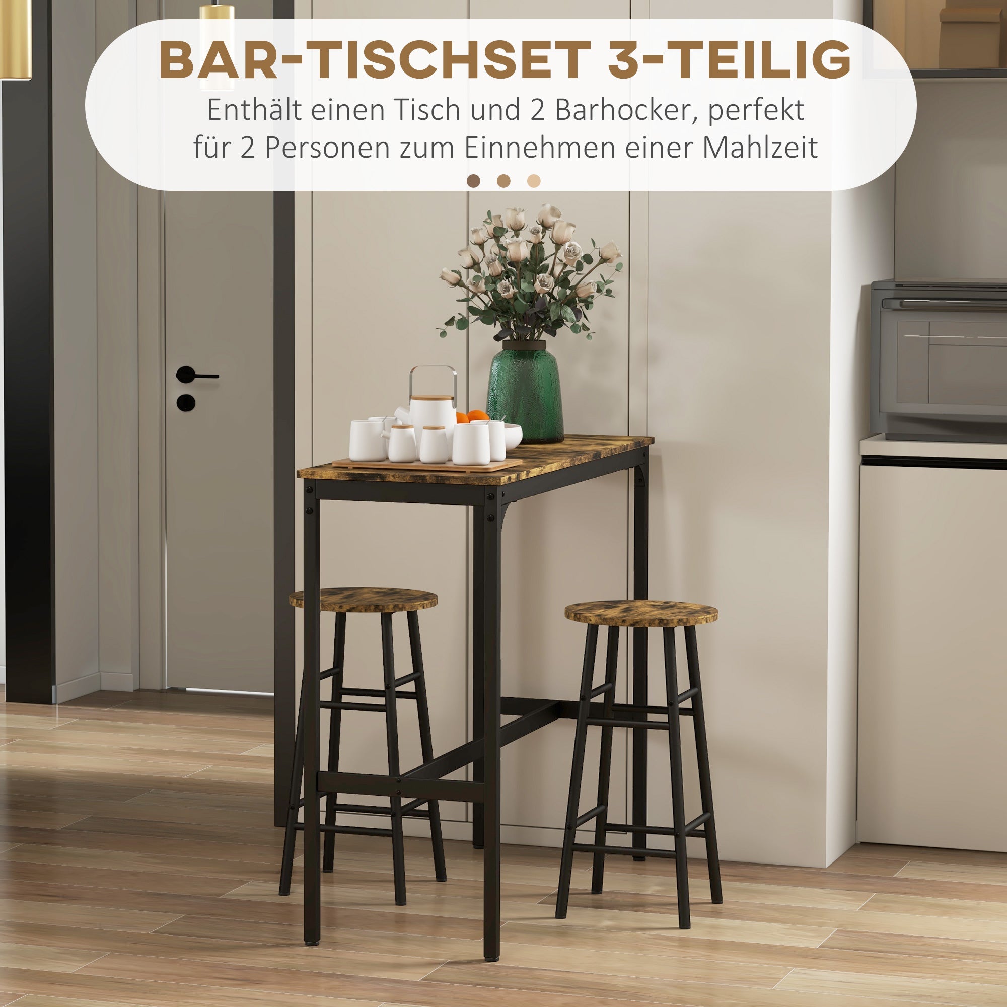Logidon bar table set 3-piece industrial design brown MDF 105 cm