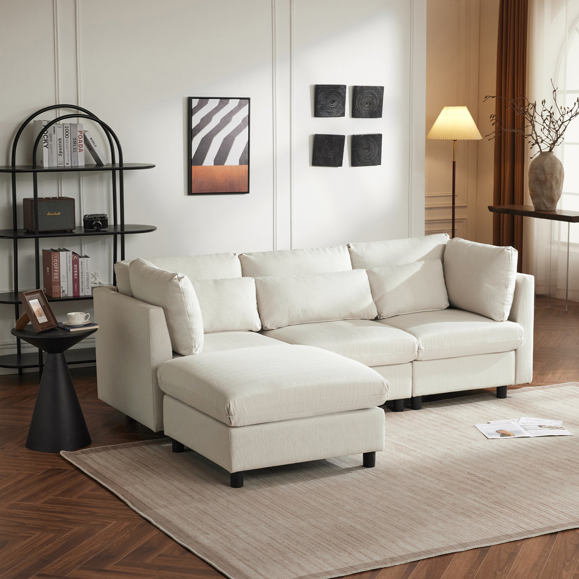 Logidon hoekbank beige stof moderne driezitsbank met voetenbank