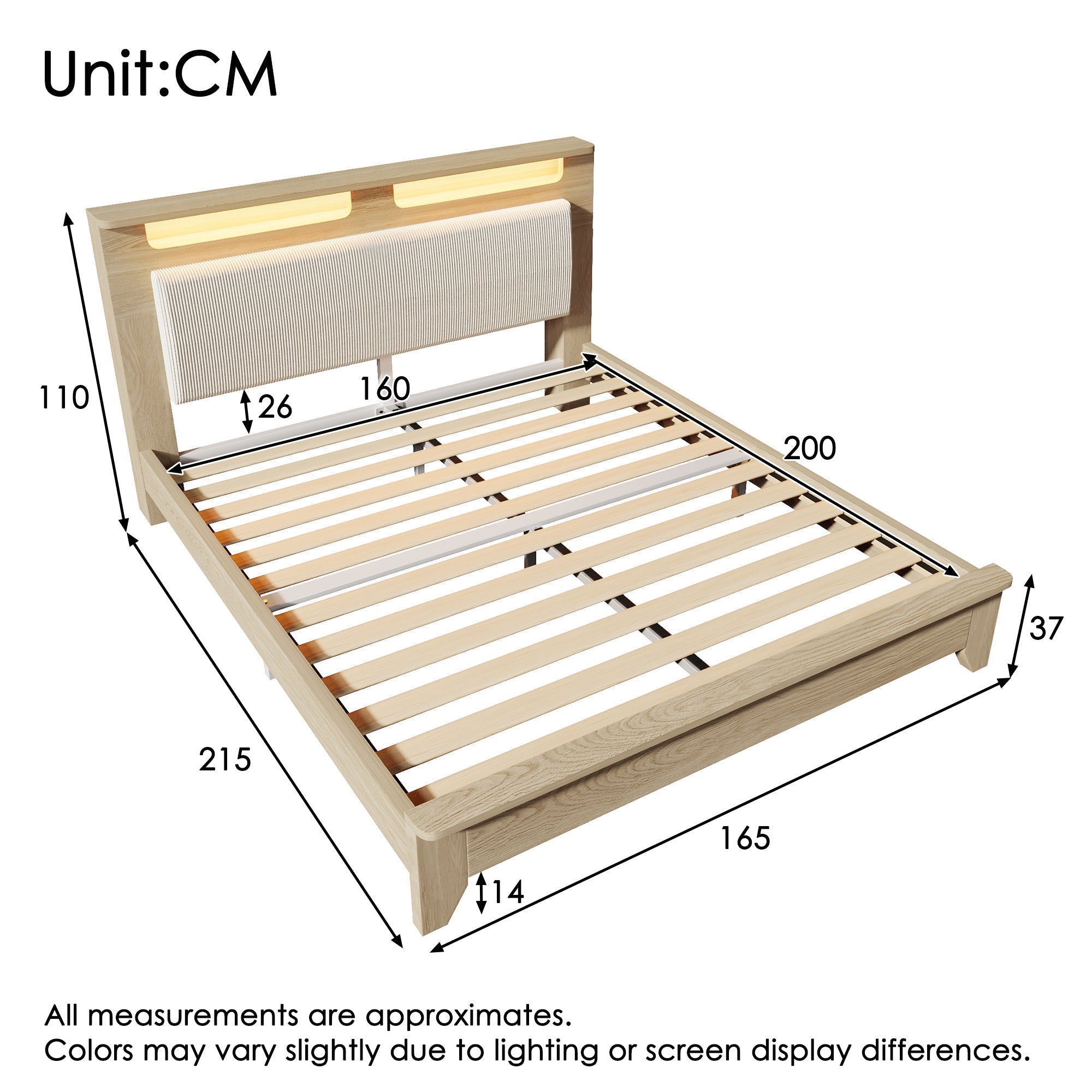 Logidon tweepersoonsbed 160x200 cm met opbergruimte en LED-verlichting beige