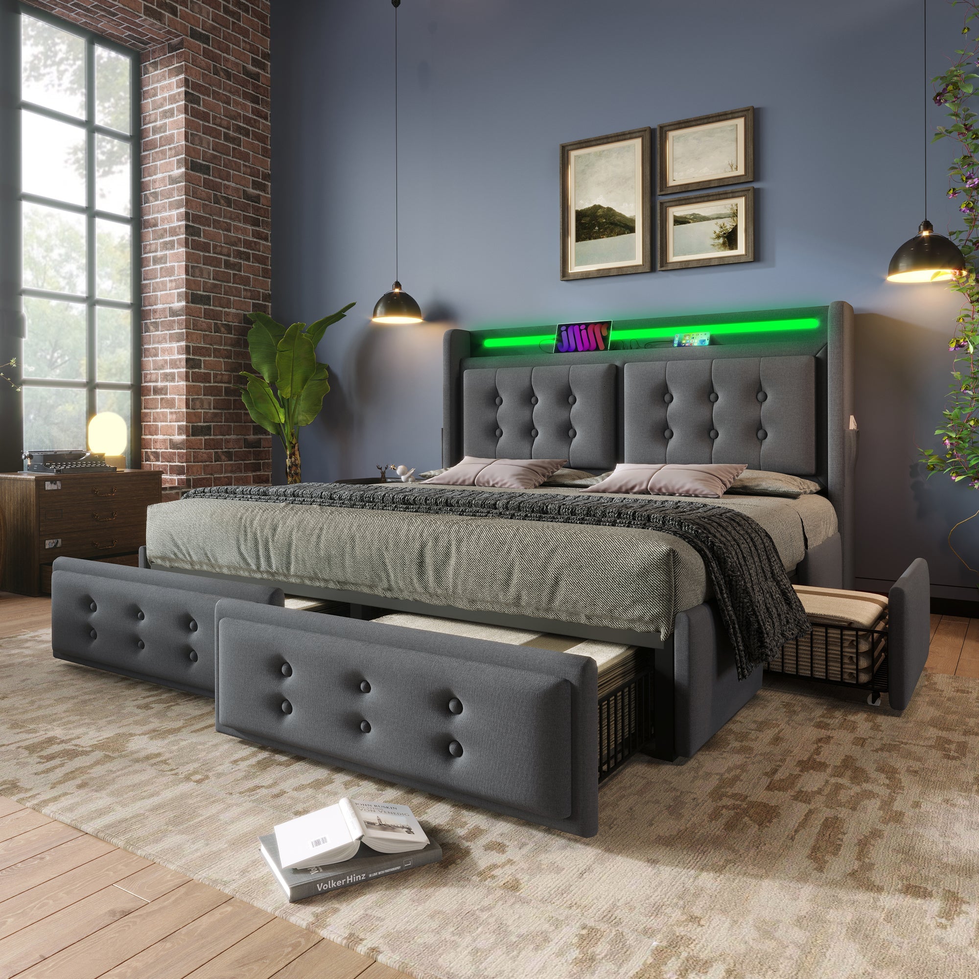 Logidon gestoffeerd bed 180x200 grijs met LED hoofdeinde USB-C 4 lades