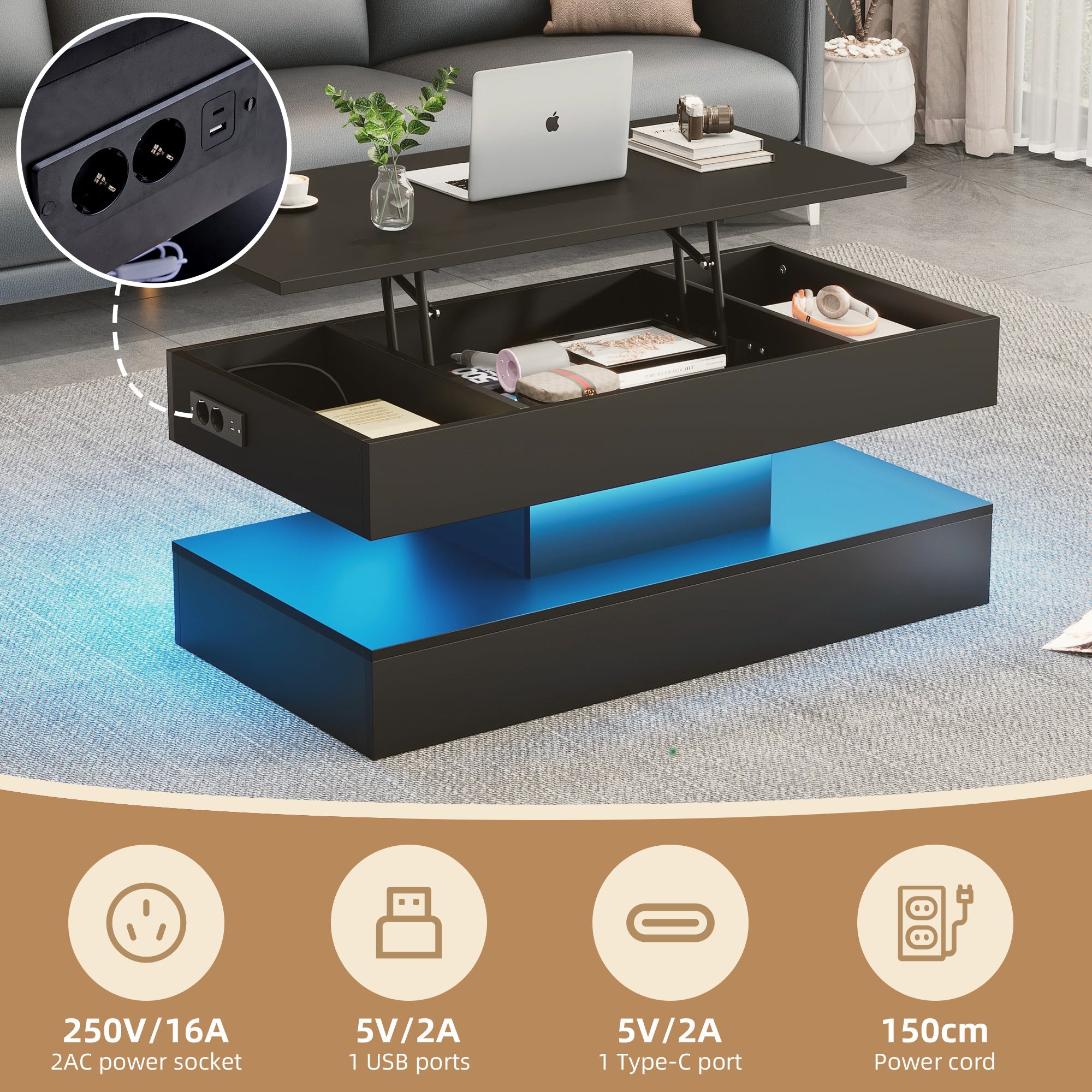Logidon LED Salontafel met verborgen opbergruimte 100x50 cm Zwart