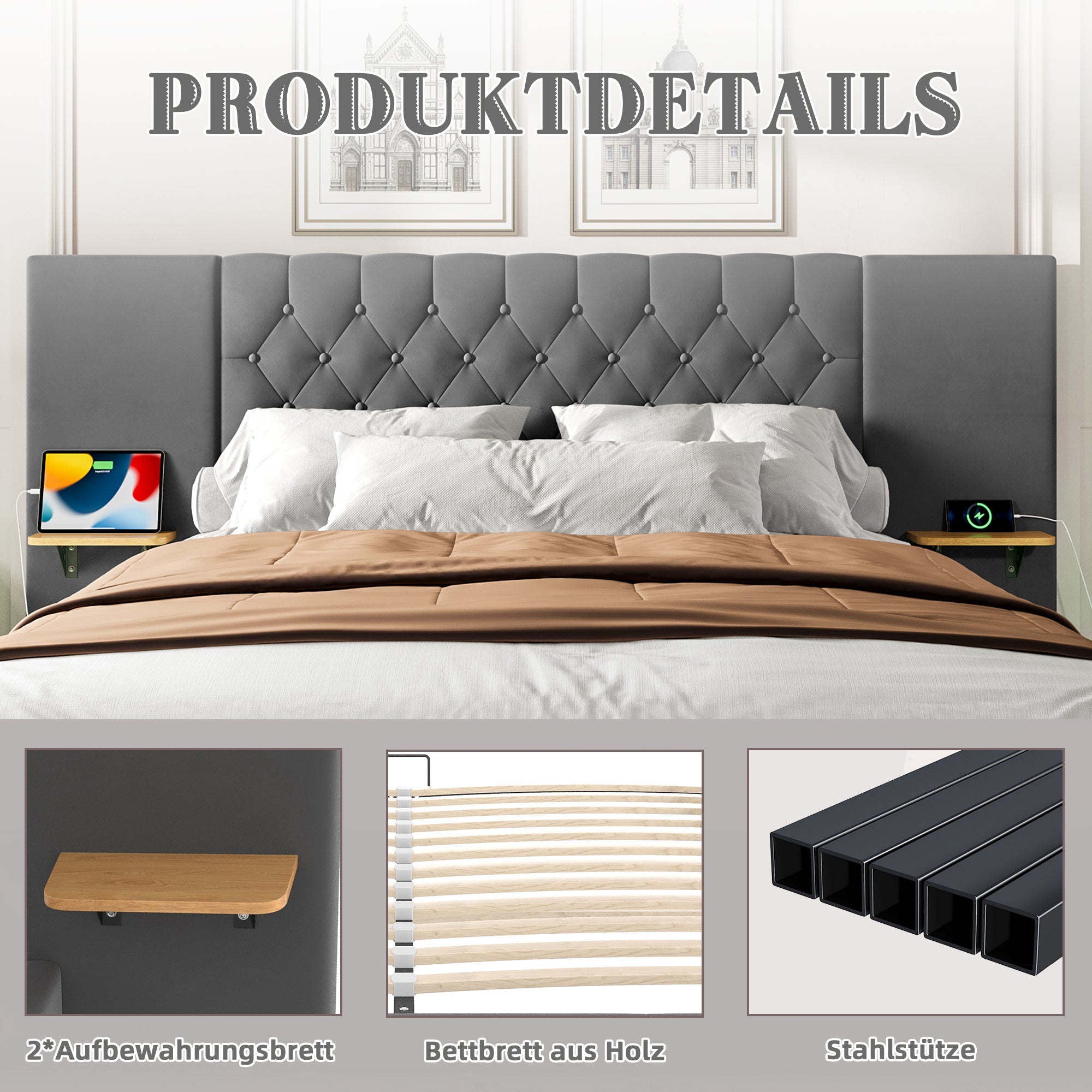 Logidon bedframe 140x200 cm grijs fluweel breed hoofdbord LED