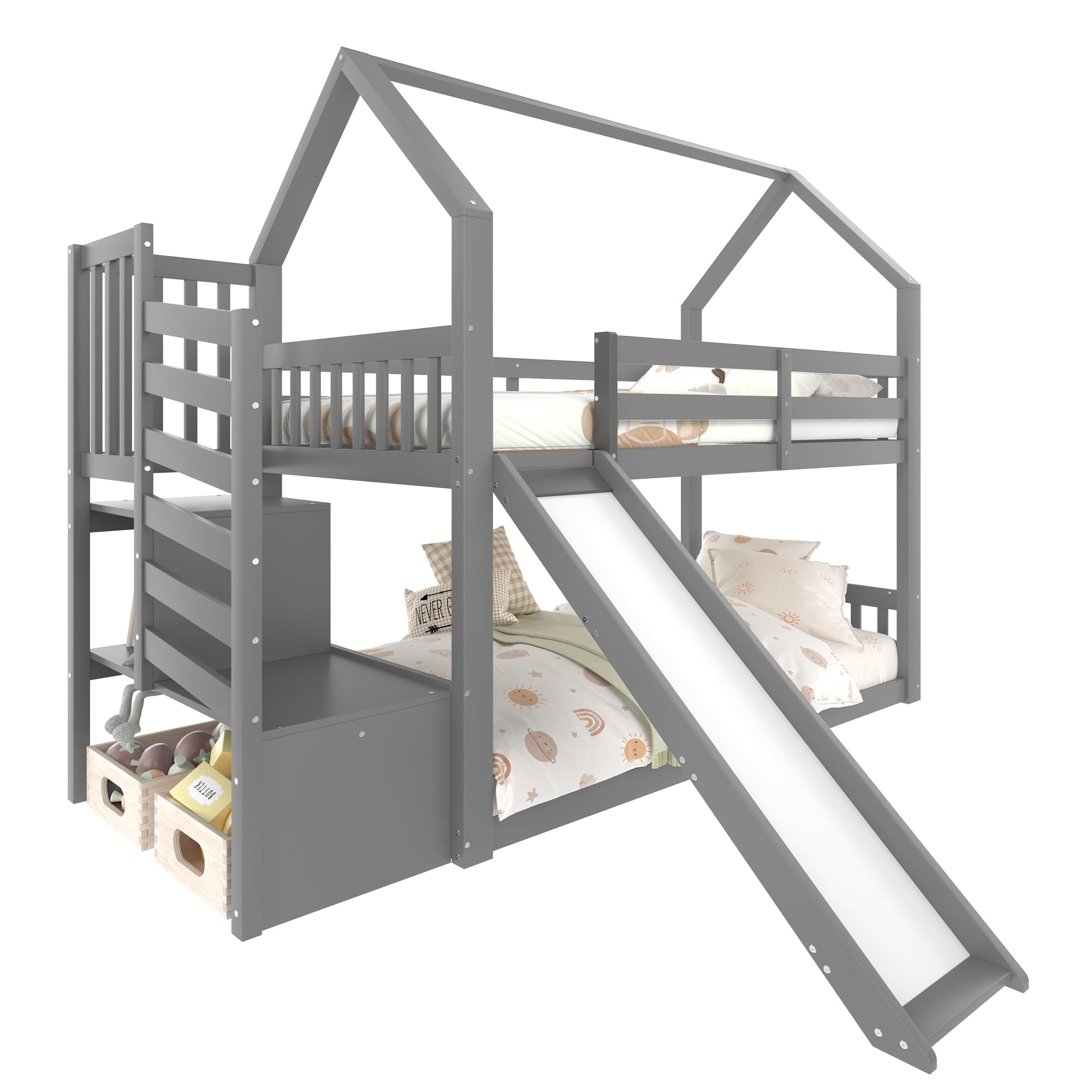 Logidon stapelbed grijs 90x200 met opbergtrap en glijbaan