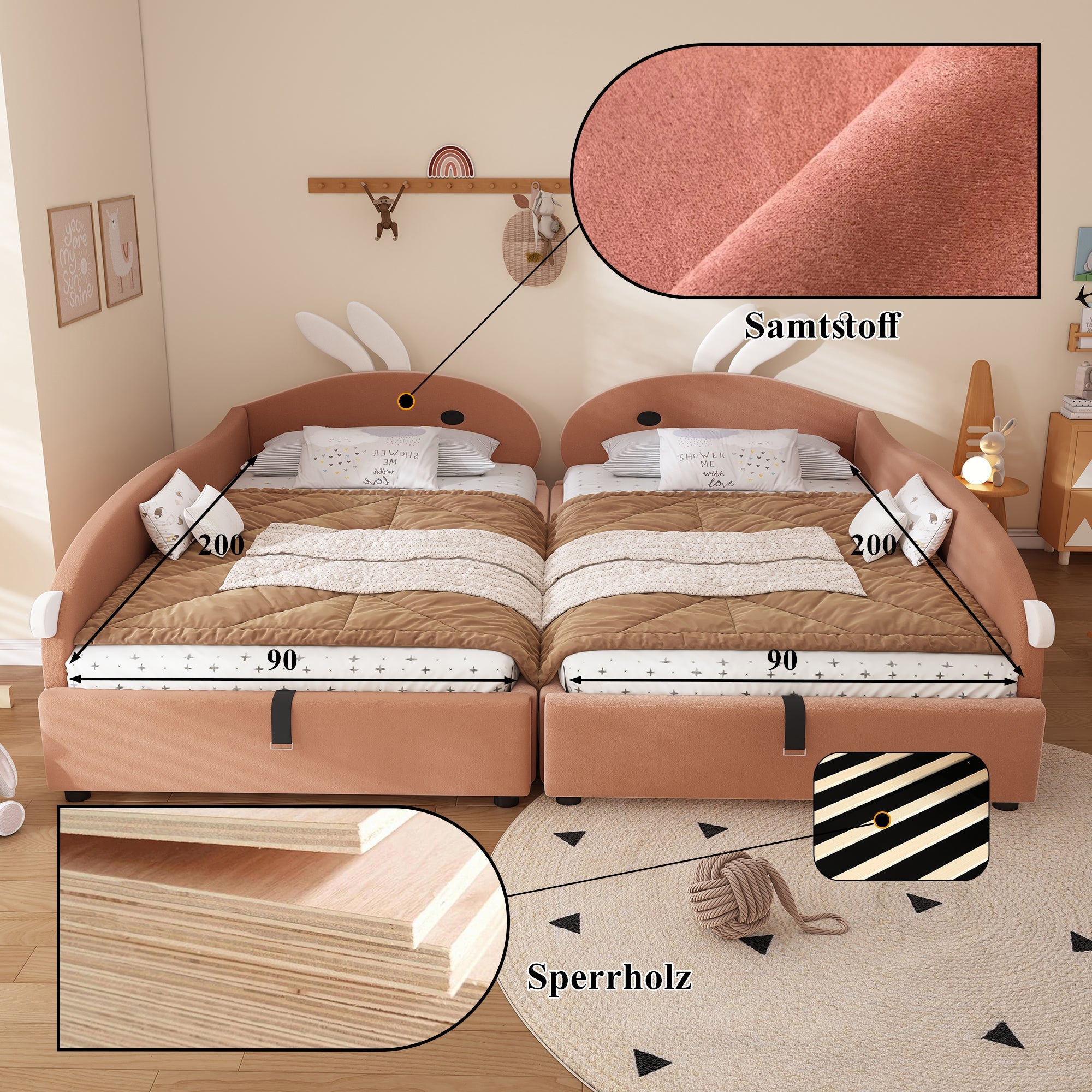 Logidon gestoffeerd bed 90x200 cm roze fluwelen konijn hoofdbord met opbergruimte