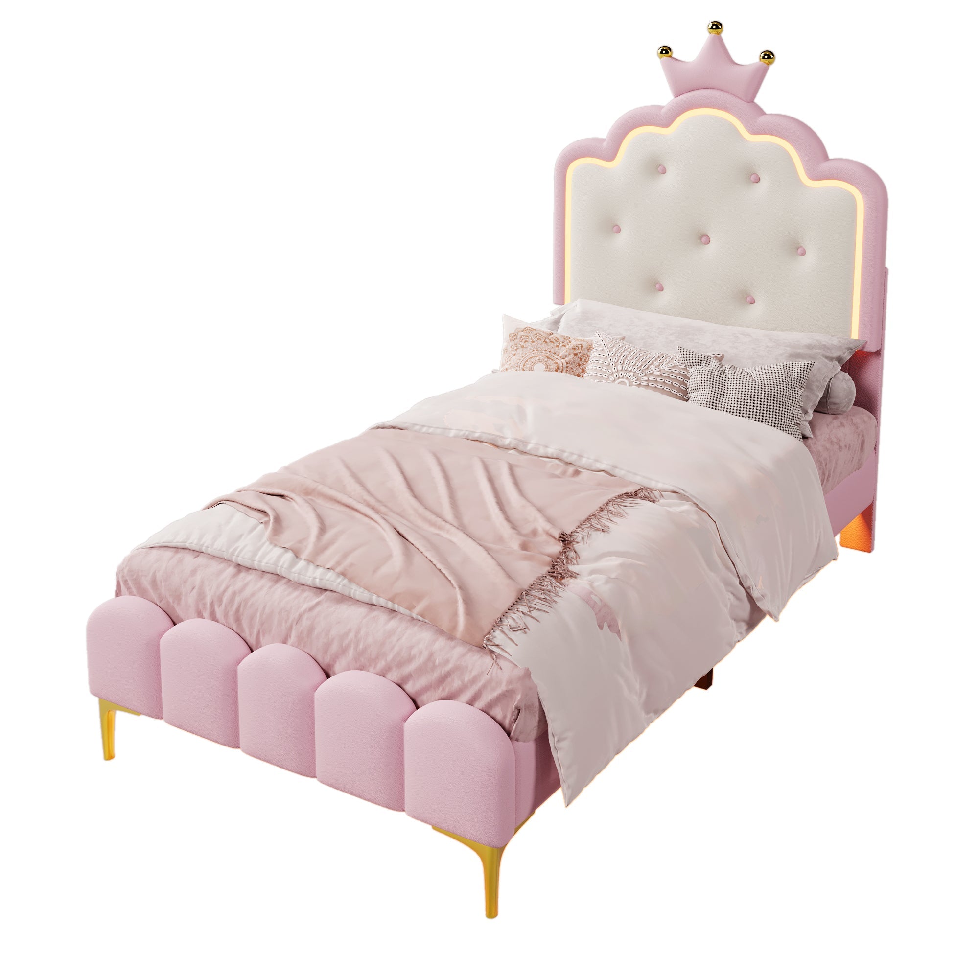 Logidon gestoffeerd bed 90x200 kroonprinsesvorm roze met lattenbodem