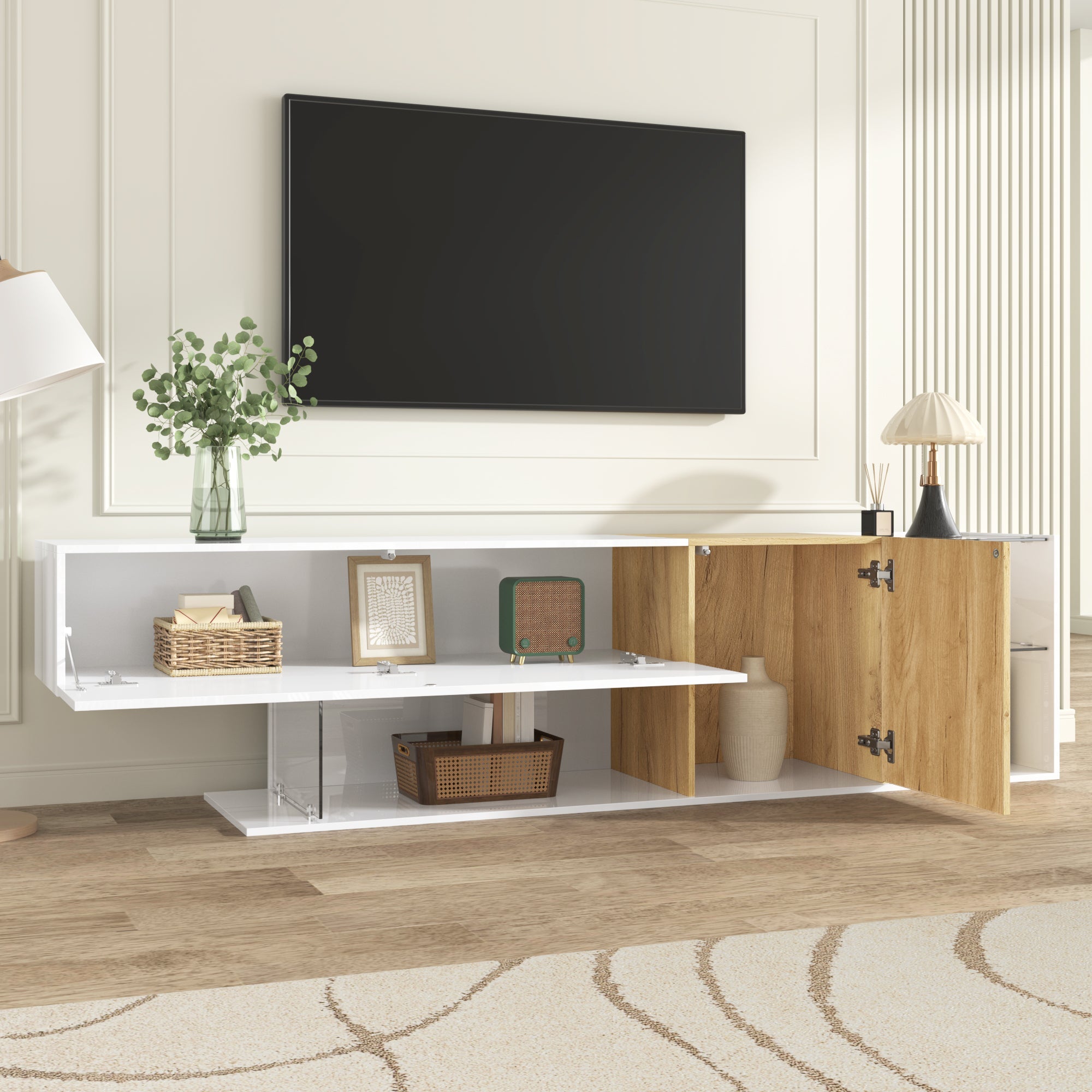 Logidon Modern TV-dressoir Wit Hoogglans Houtlook Glazen Planken 180cm
