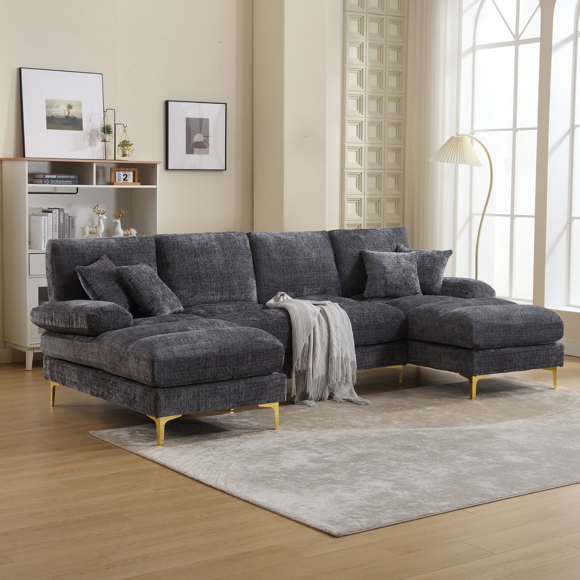 Logidon Modern Chenille U Shape Sectional Sofa Gray Double Berths