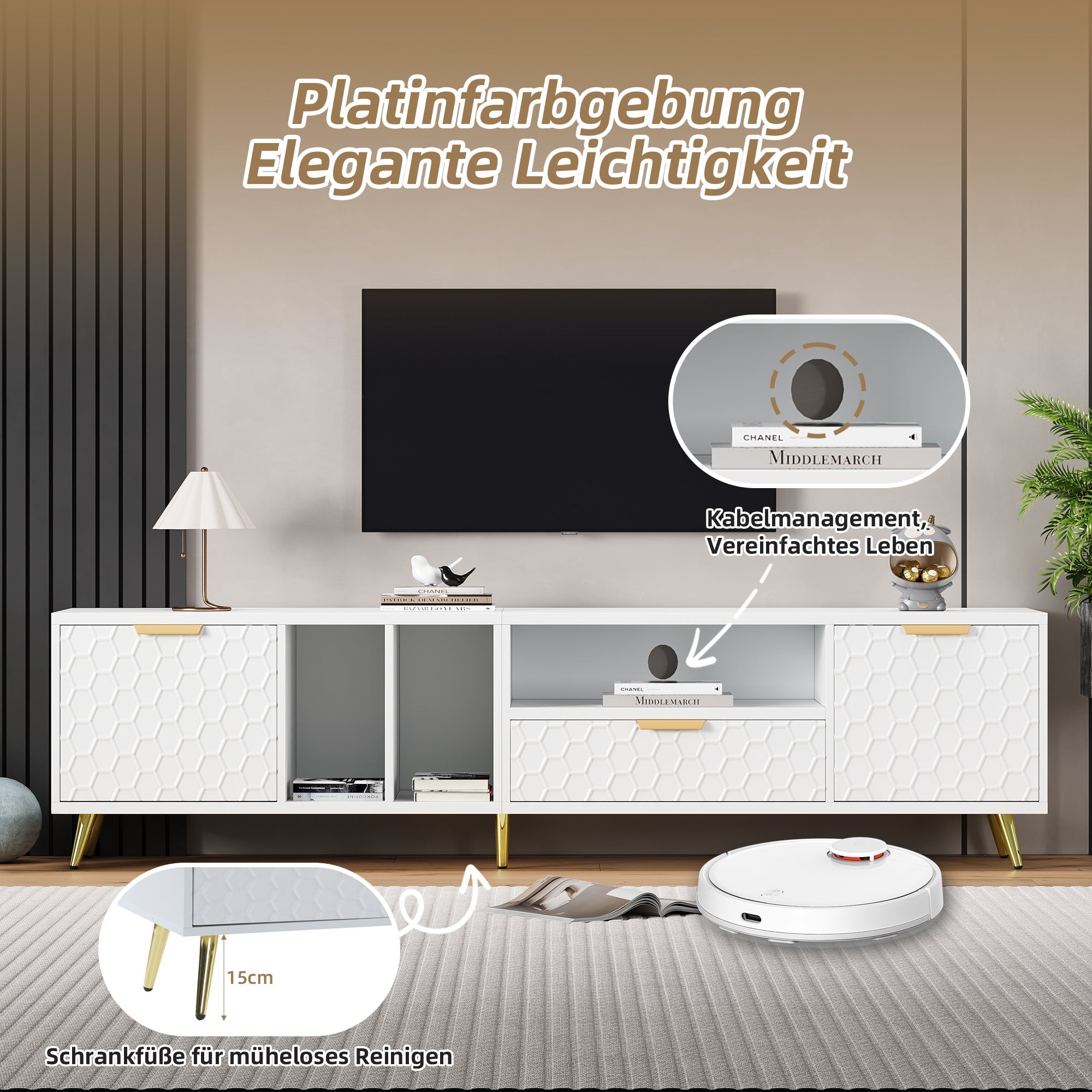 Logidon White TV Stand with Honeycomb Pattern and Storage Space for up to 80 Inches