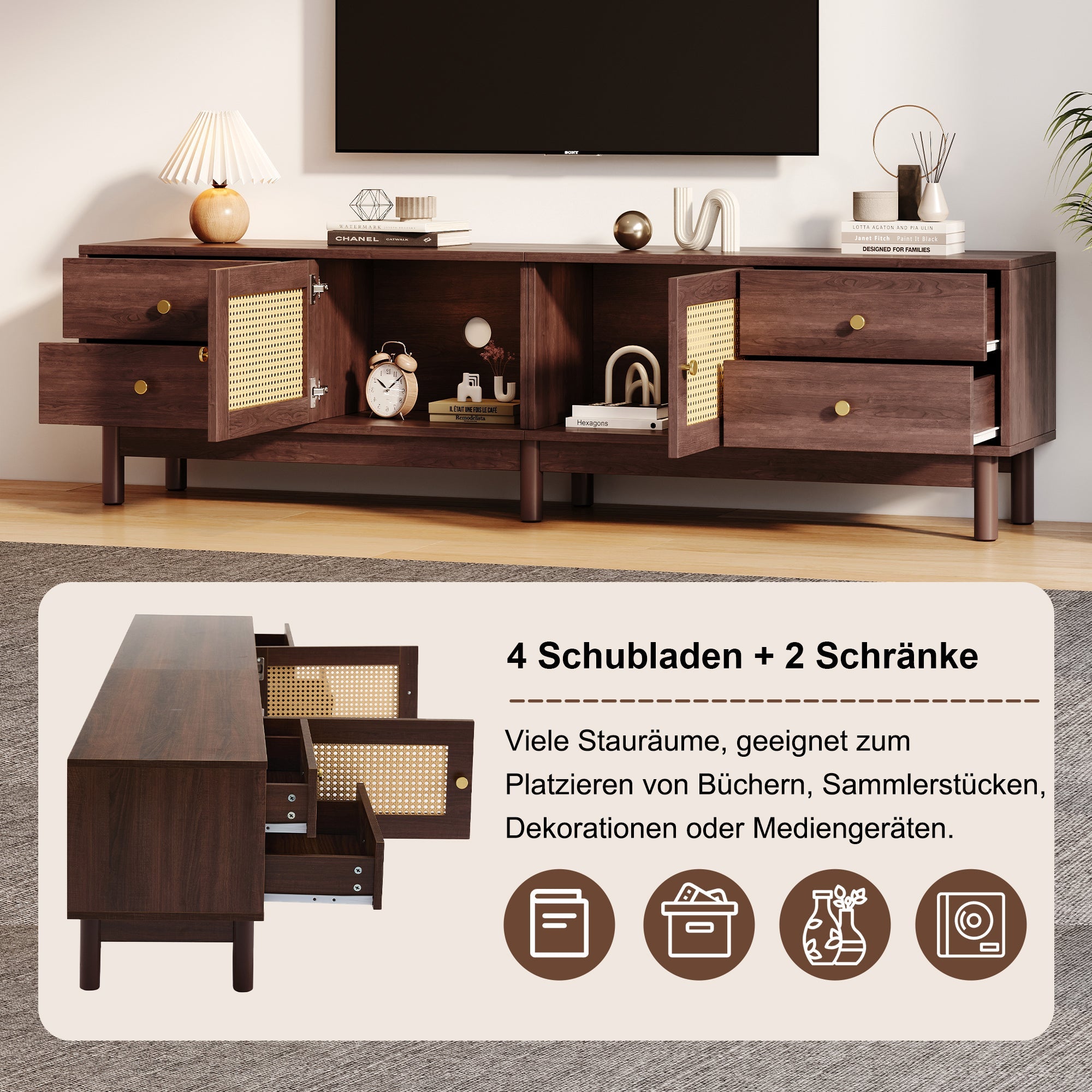 Logidon TV cabinet 180 cm dark wood look rattan doors cable management