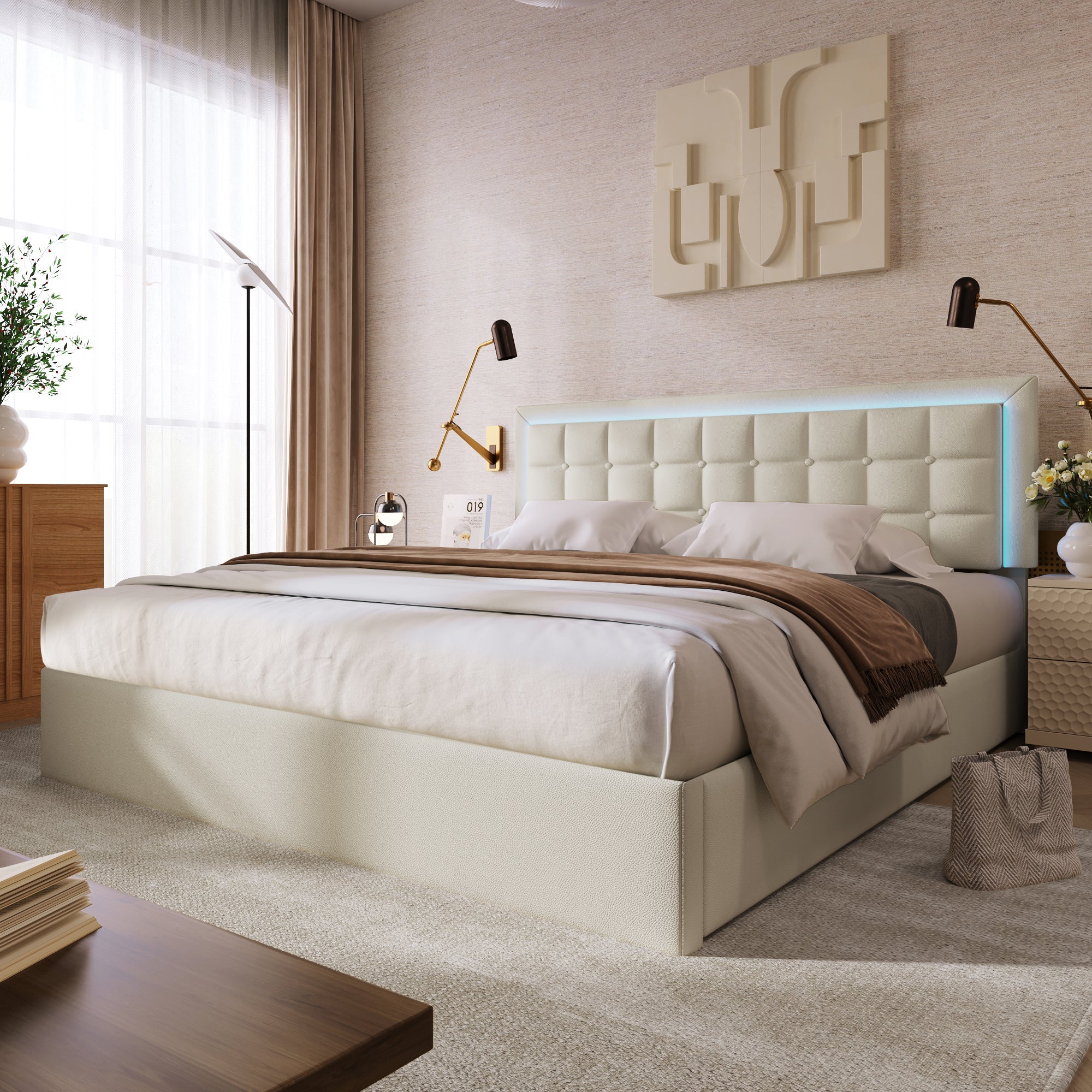 Logidon gestoffeerd bed 140x200 wit met opbergruimte en LED-verlichting