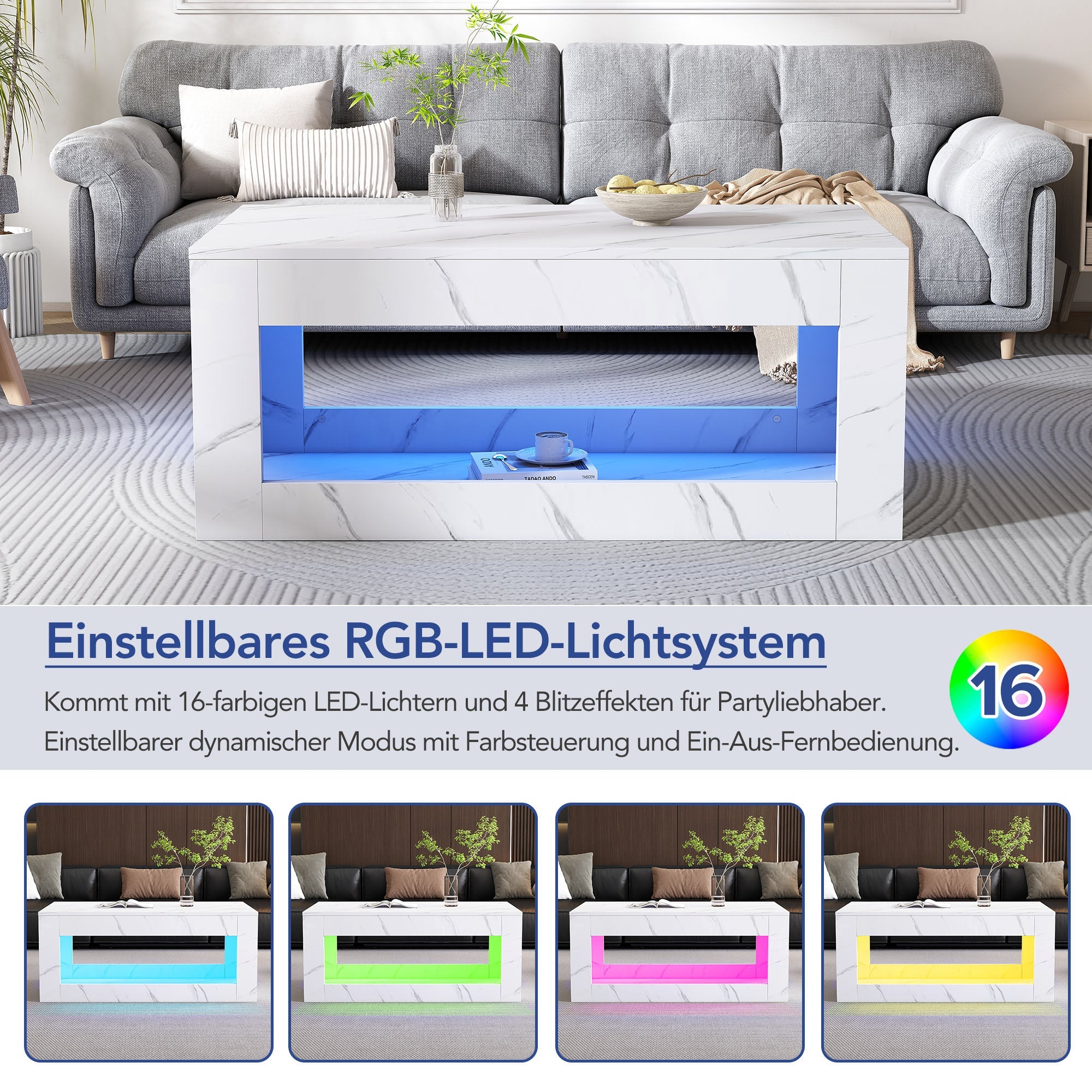 Logidon LED salontafel wit hoogglans marmer effect met afstandsbediening